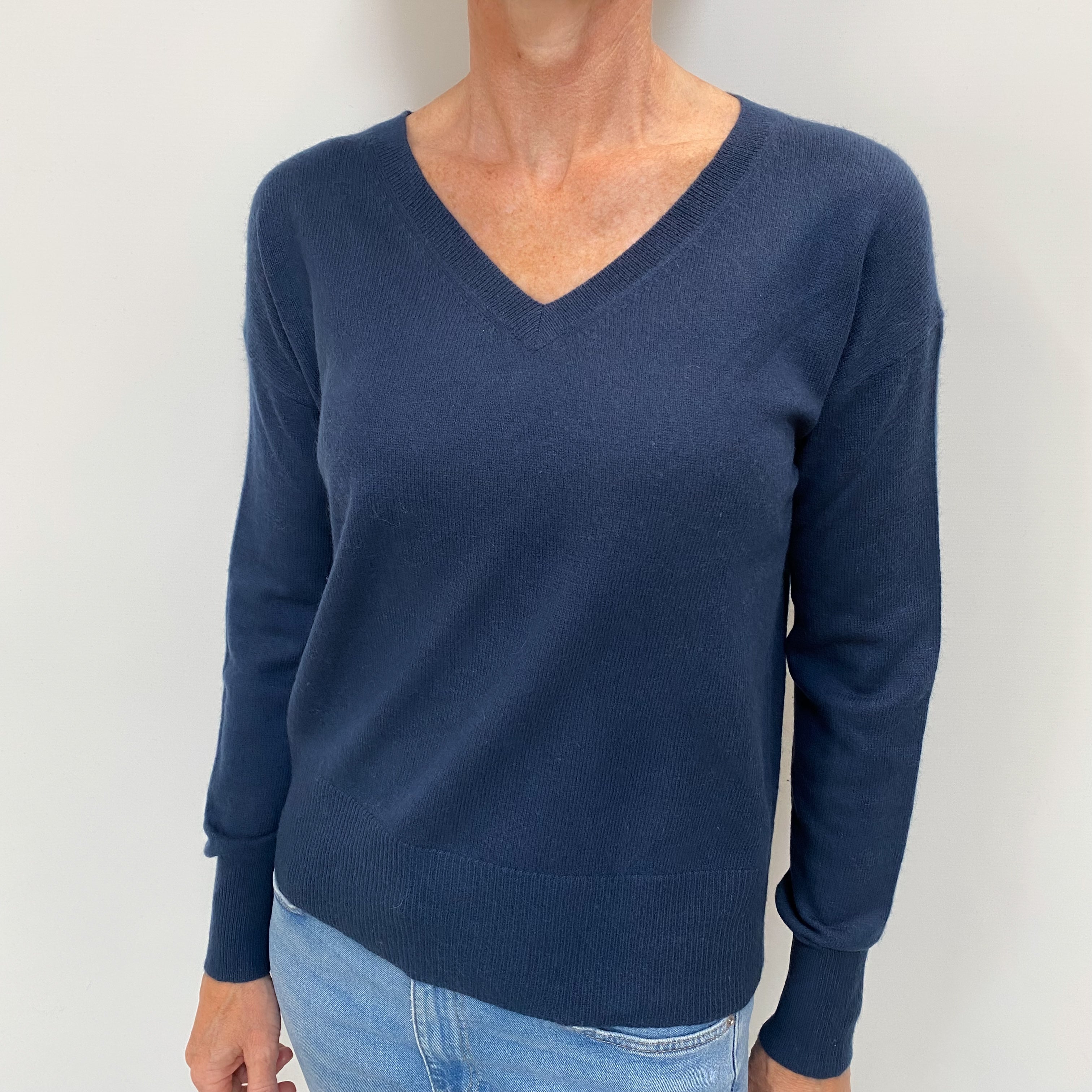 Midnight Blue Cashmere V Neck Jumper Small
