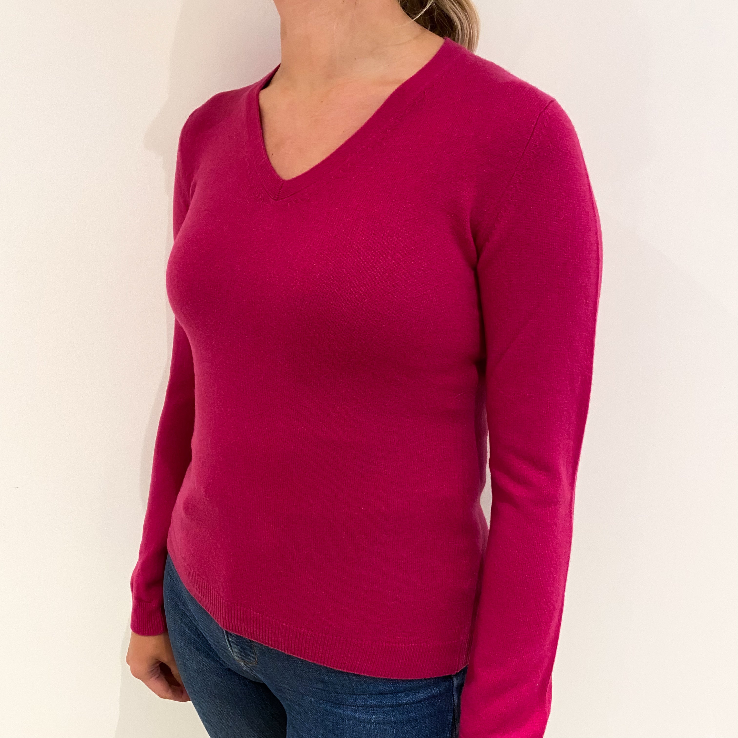 Magenta Pink Cashmere V Neck Jumper Small