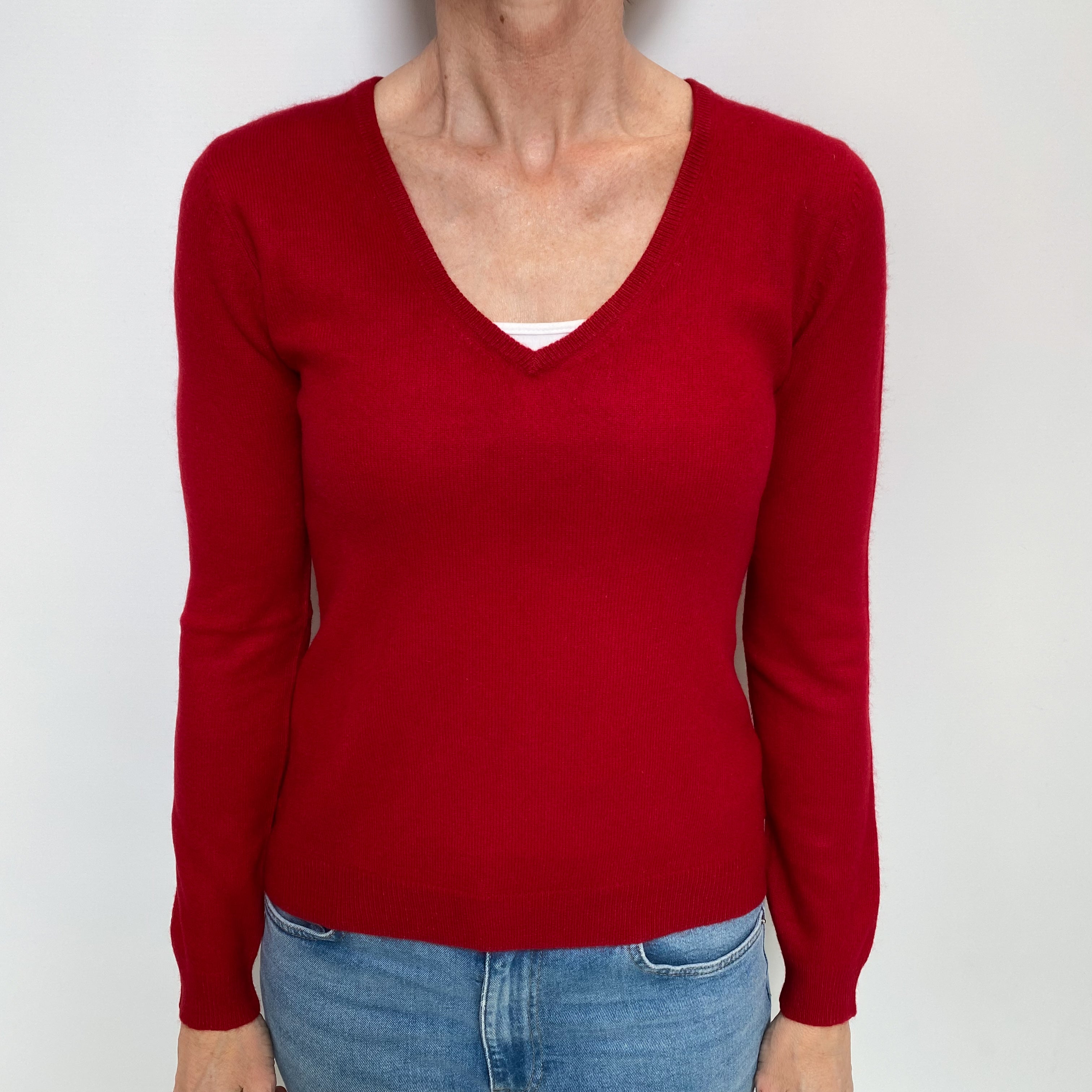 Post Box Red Cashmere V Neck Jumper Small