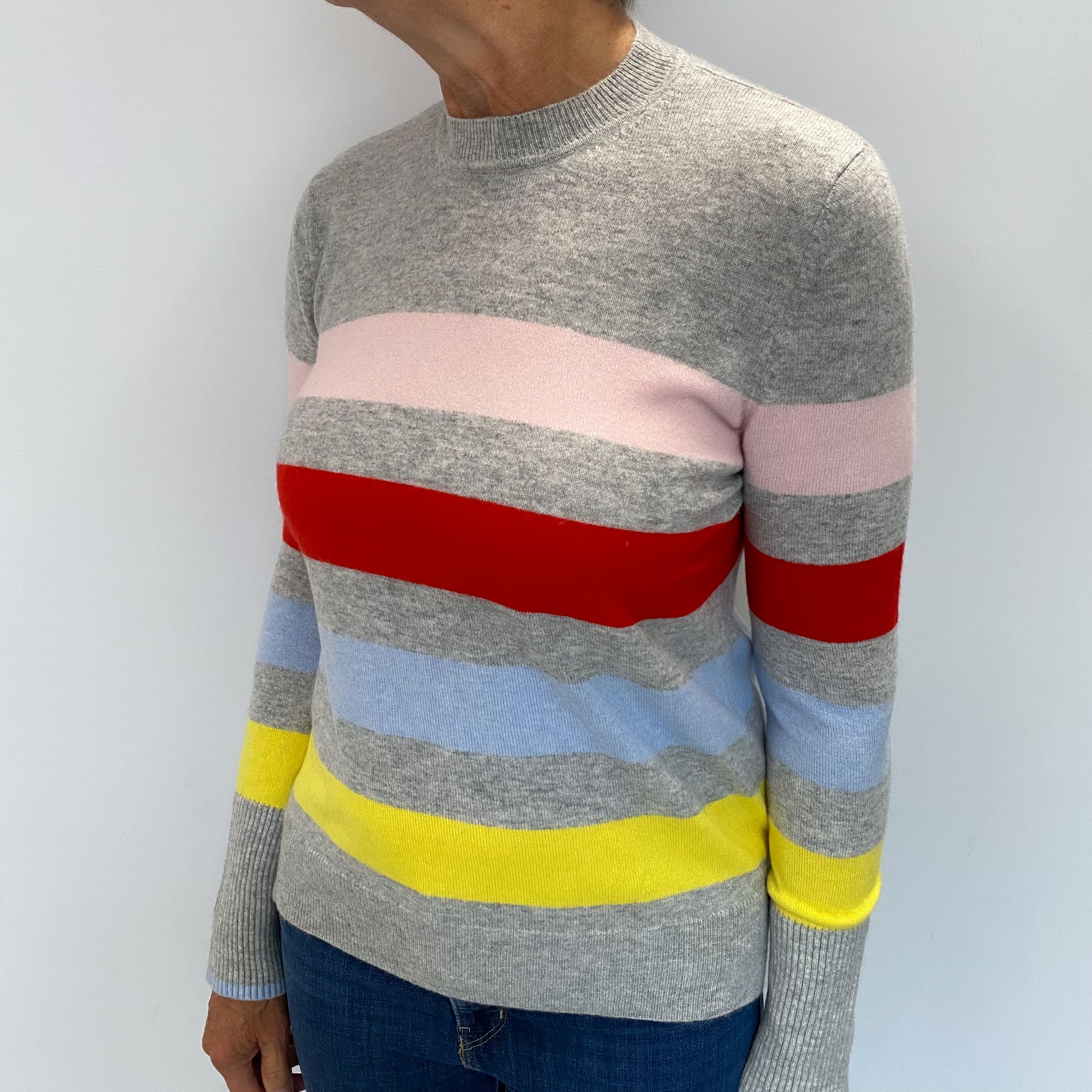 Smoke Grey Multicoloured Stripe Cashmere Crew Neck Jumper Medium