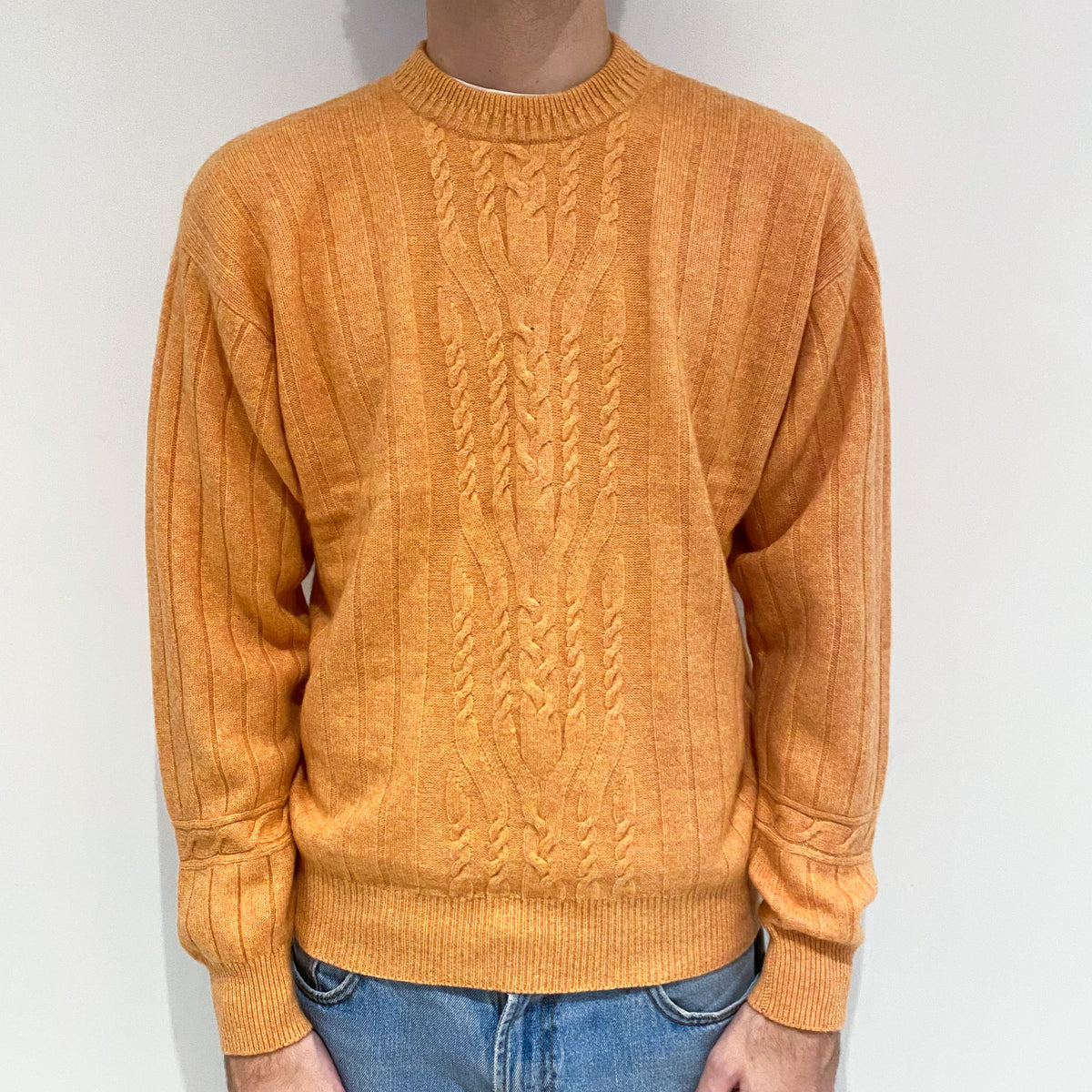 Men's Apricot Orange Cable Cashmere Crew Neck Jumper Large
