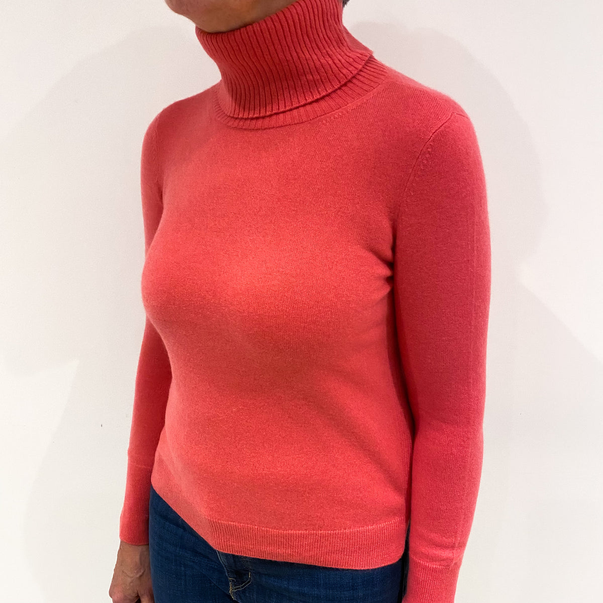 Deep Coral Pink Cashmere Polo Neck Jumper Medium