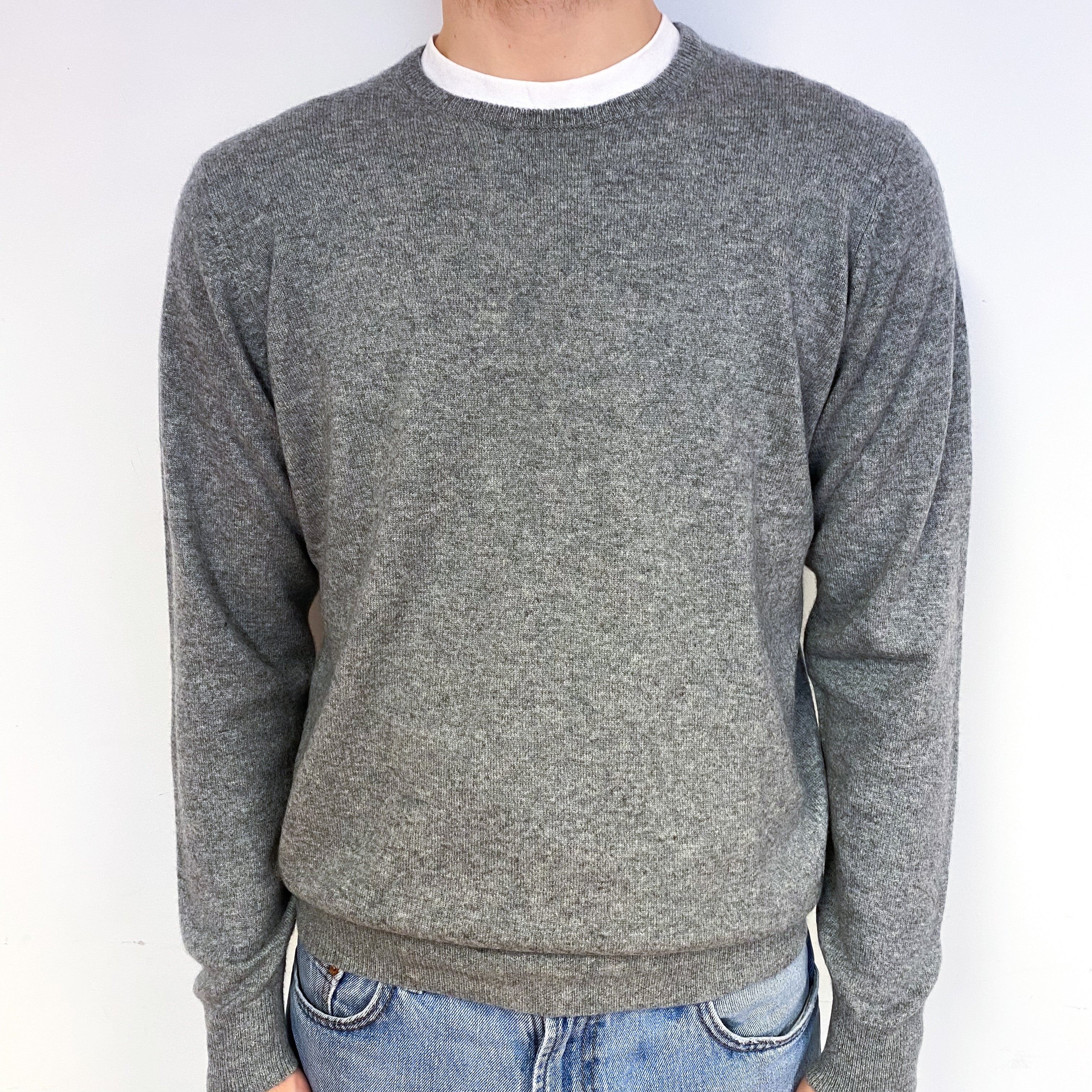 Men's Ash Grey Cashmere Crew Neck Jumper Medium