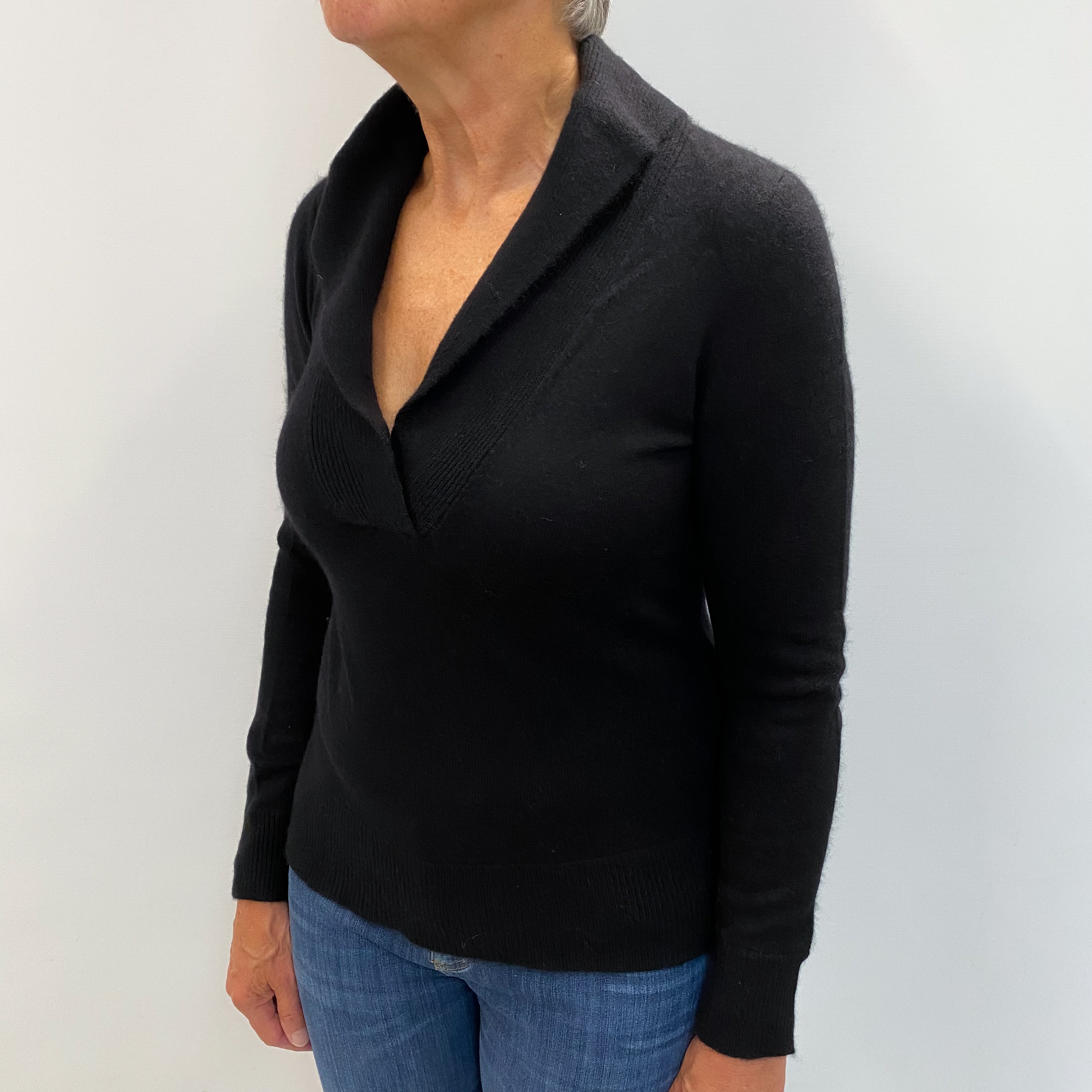 Black Cashmere Shawl Collar V Neck Jumper Medium