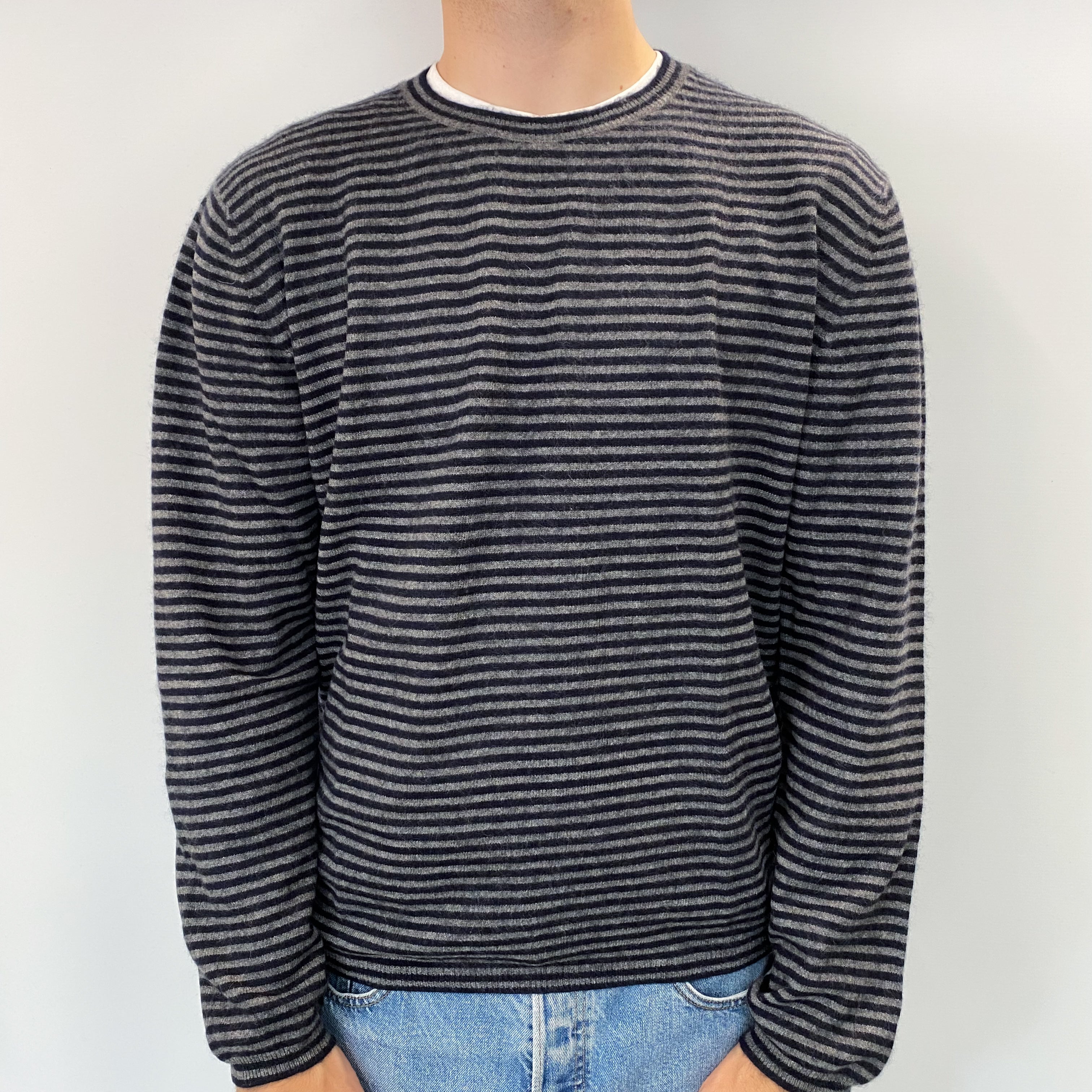 Men's Italian Navy Grey Striped Cashmere Crew Neck Jumper Large