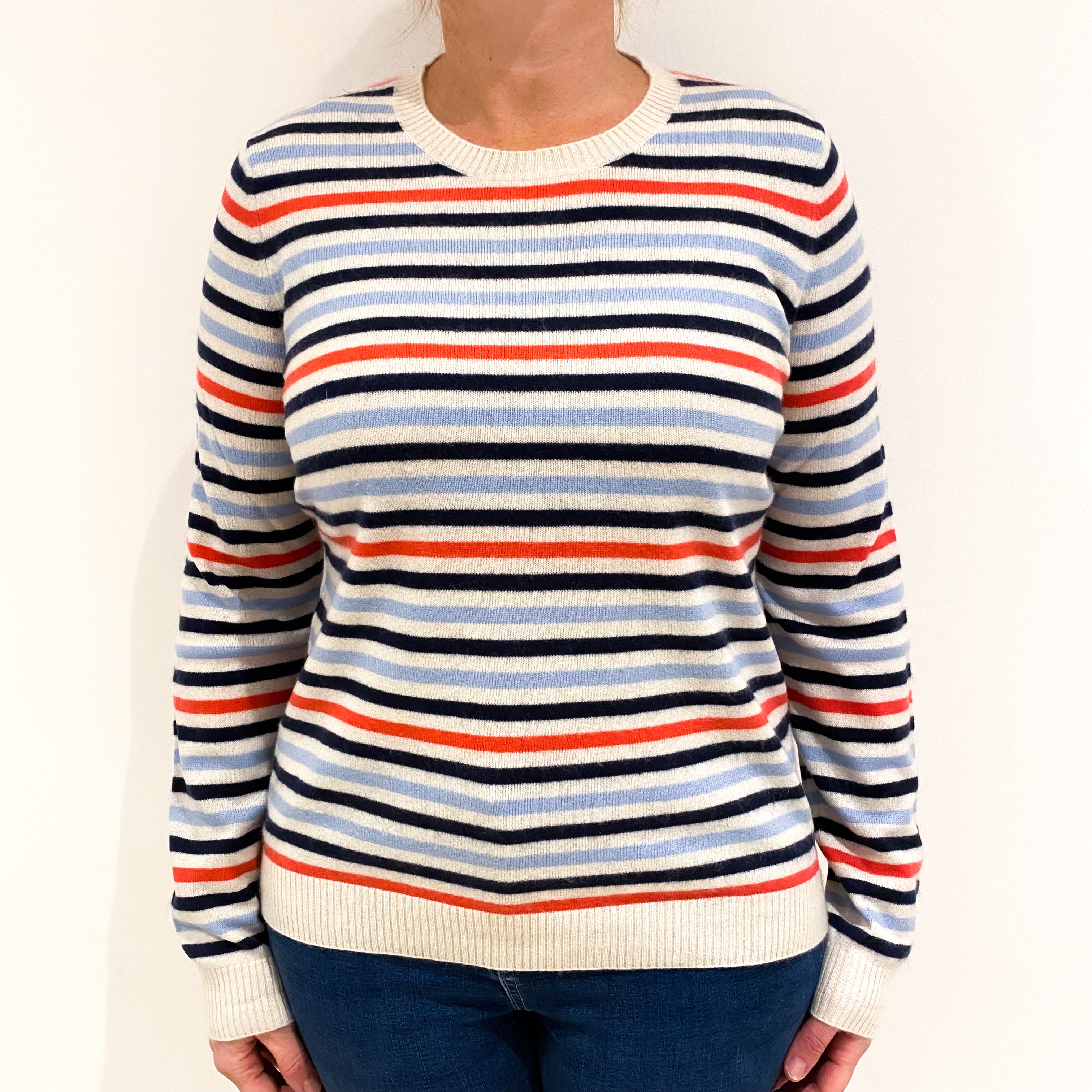 Coral Pink, Blue and Ivory Striped Cashmere Crew Neck Jumper Large