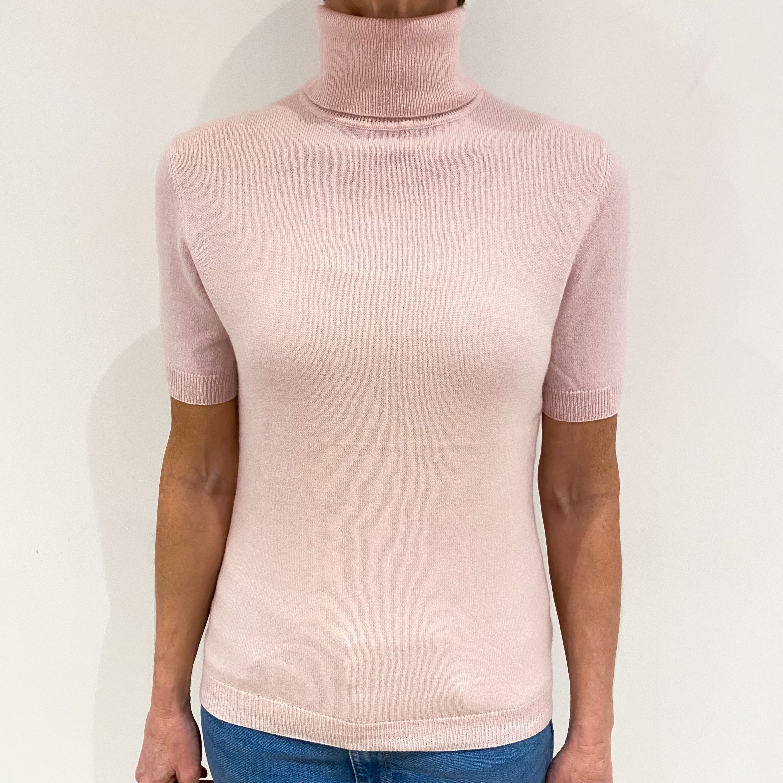 Ice Pink Cashmere Short Sleeved Polo Neck Jumper Small