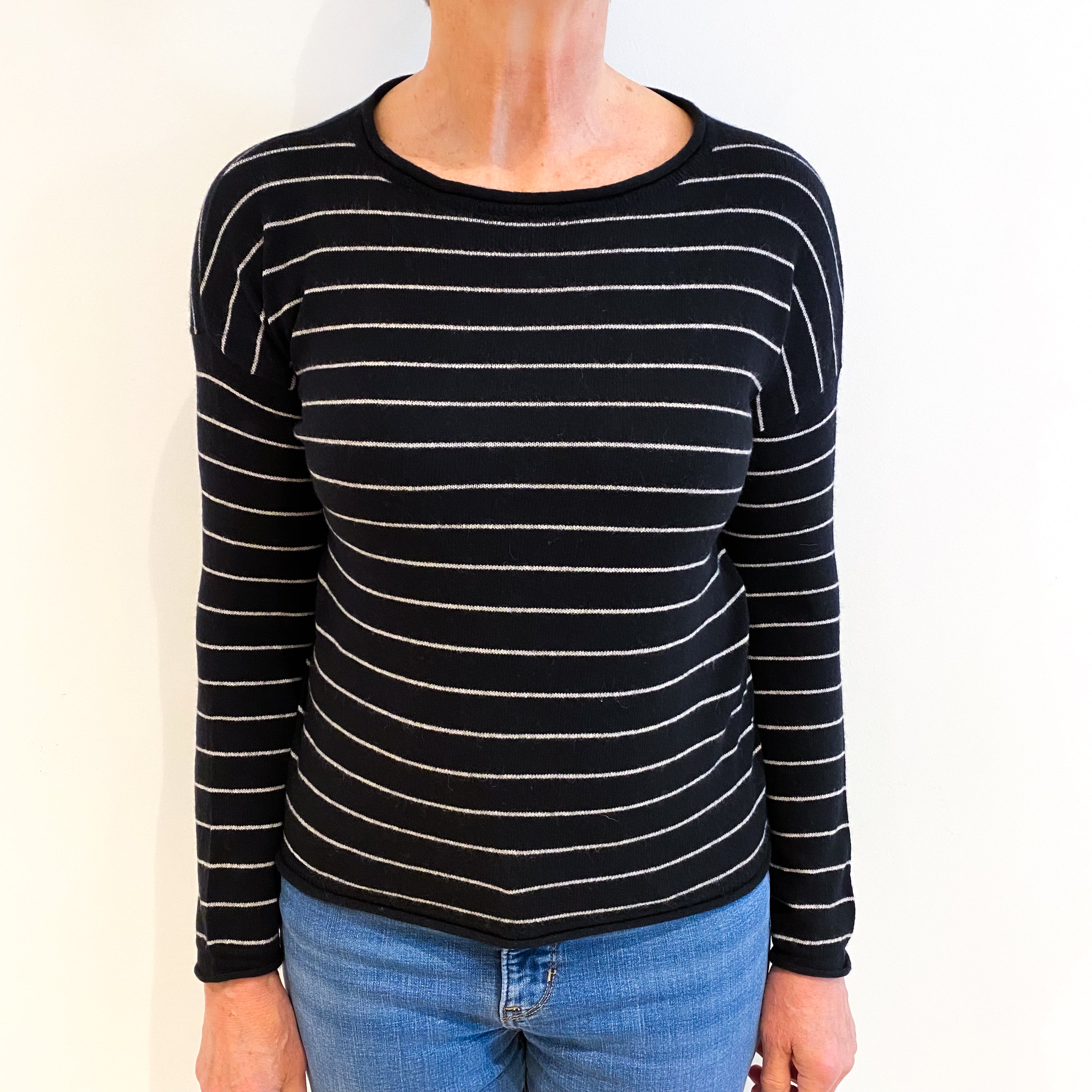 Black And White Stripe Cashmere Slash Neck Jumper Medium