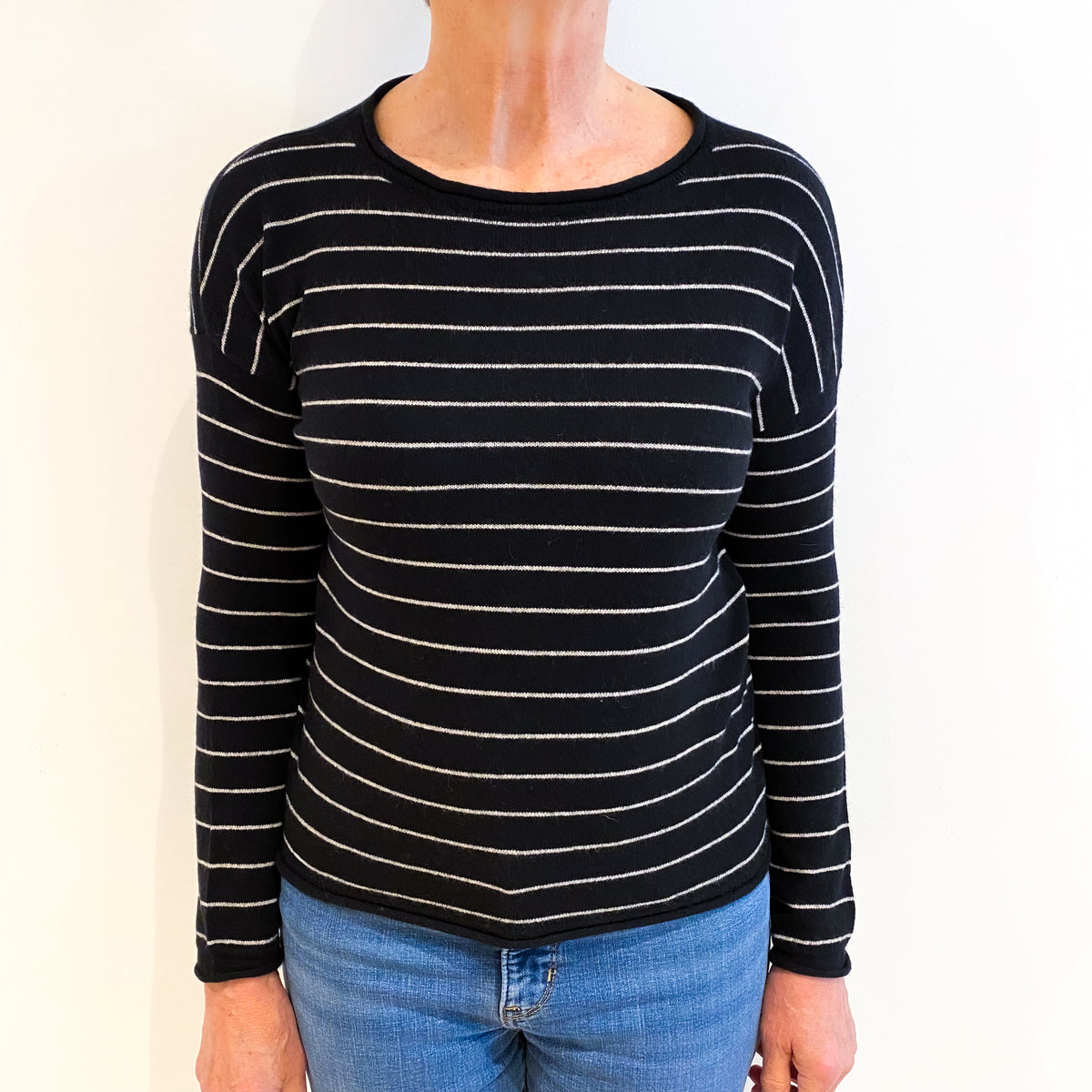 Black And White Stripe Cashmere Slash Neck Jumper Medium