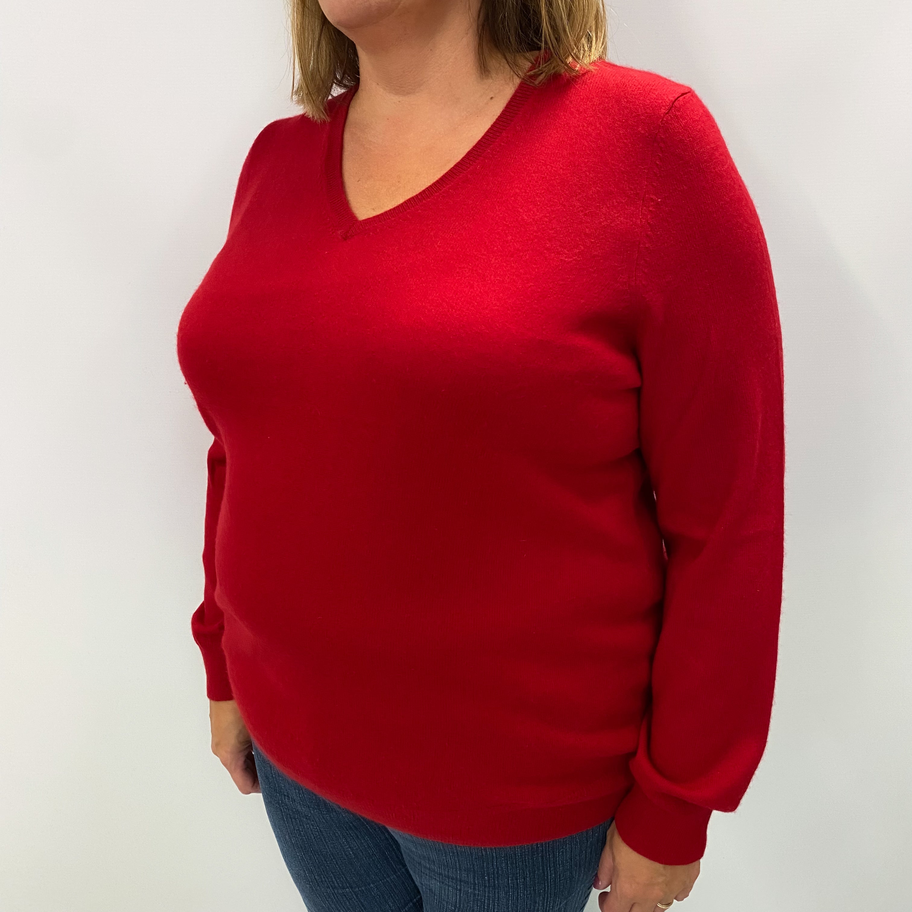 Post Box Red Cashmere V Neck Jumper Extra Large