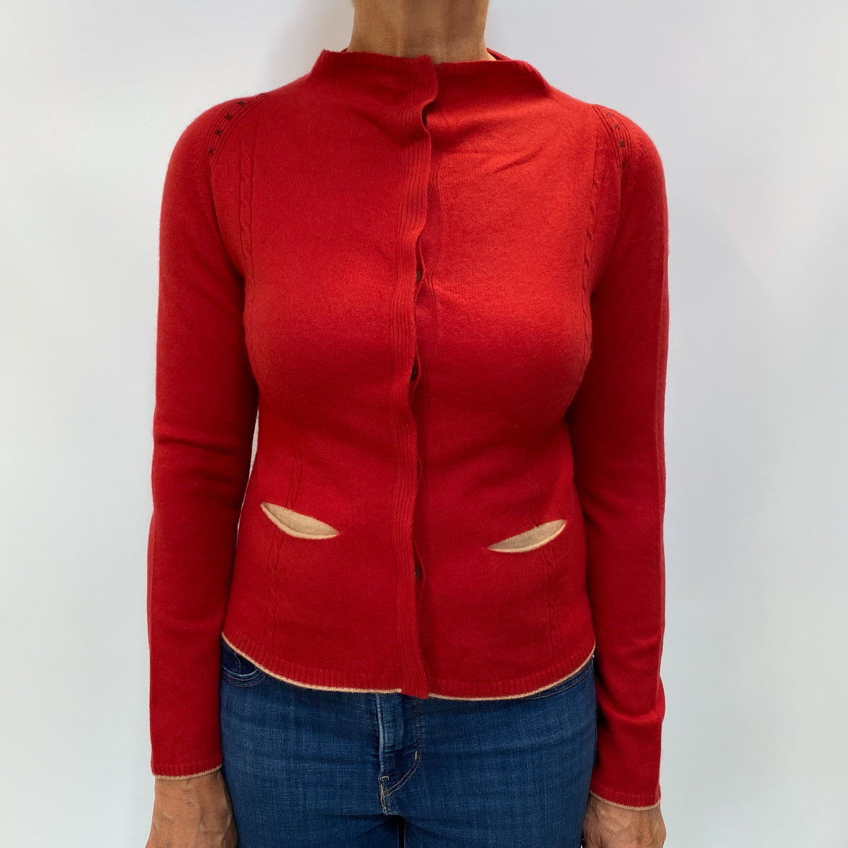 Berry Red Cashmere Crew Neck Cable Knit Cardigan Medium