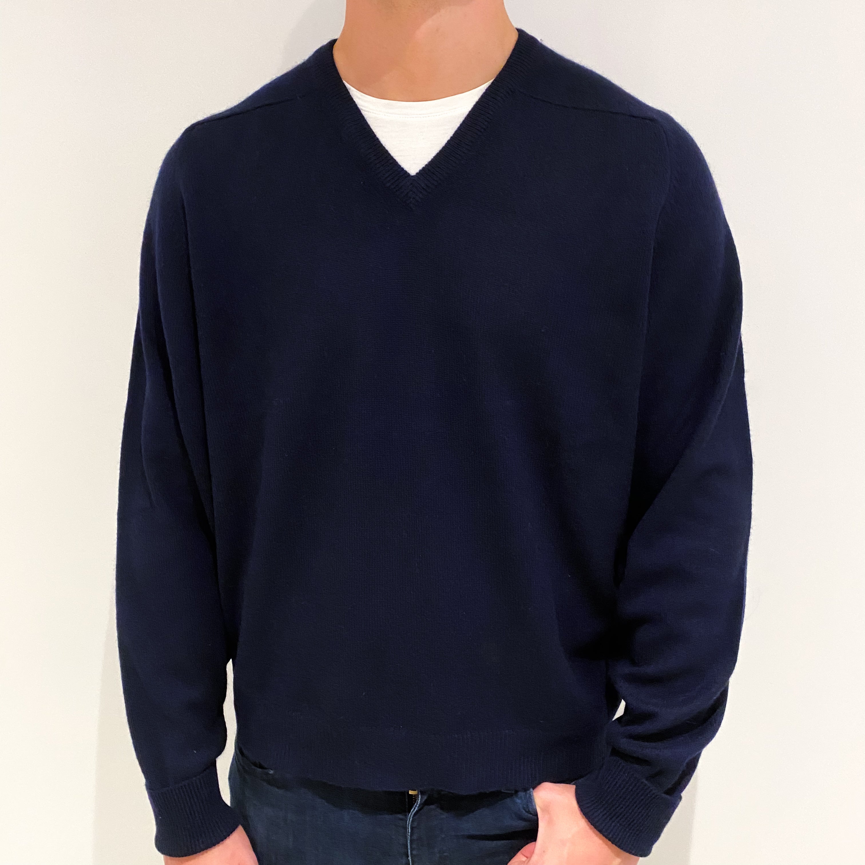 Men's Navy Blue Cashmere V-Neck Jumper Extra Large