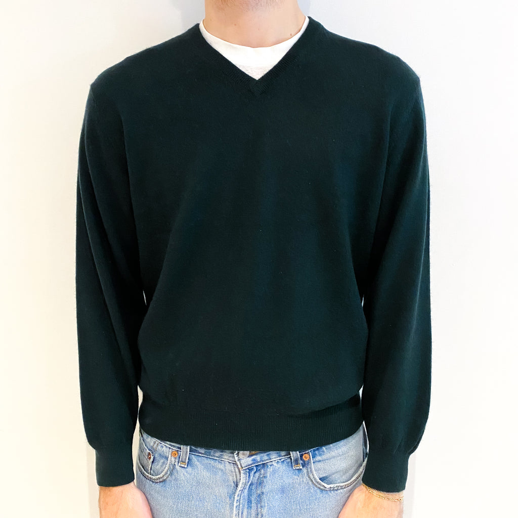Men's Bottle Green Cashmere V Neck Jumper Large