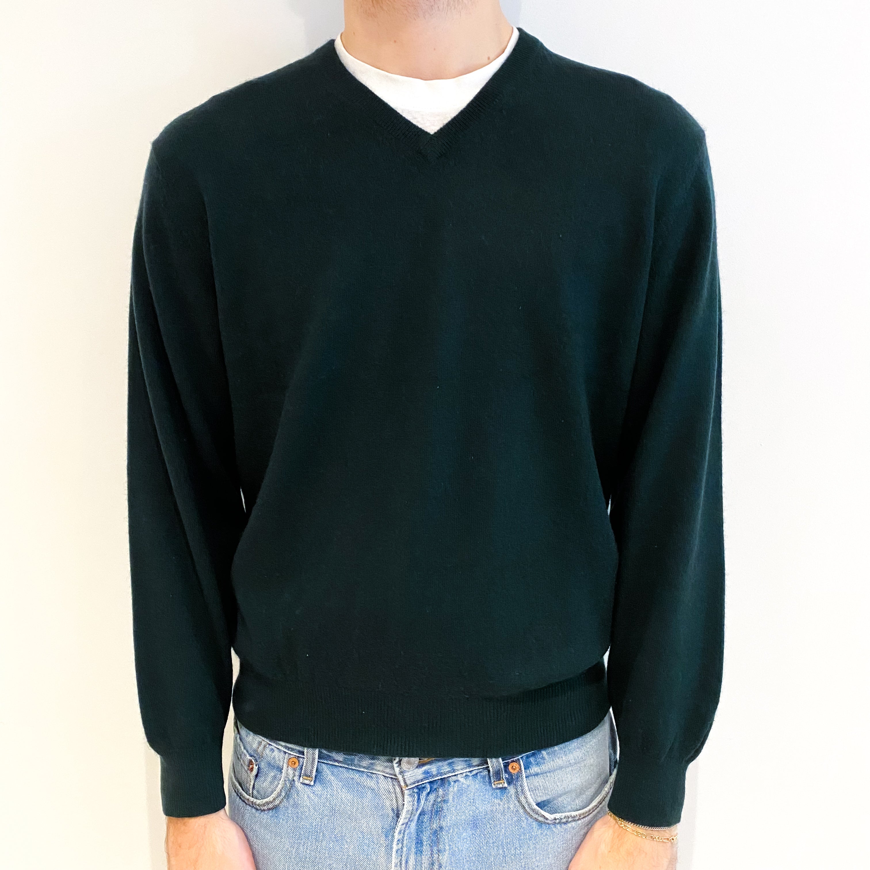 Men's Bottle Green Cashmere V Neck Jumper Large