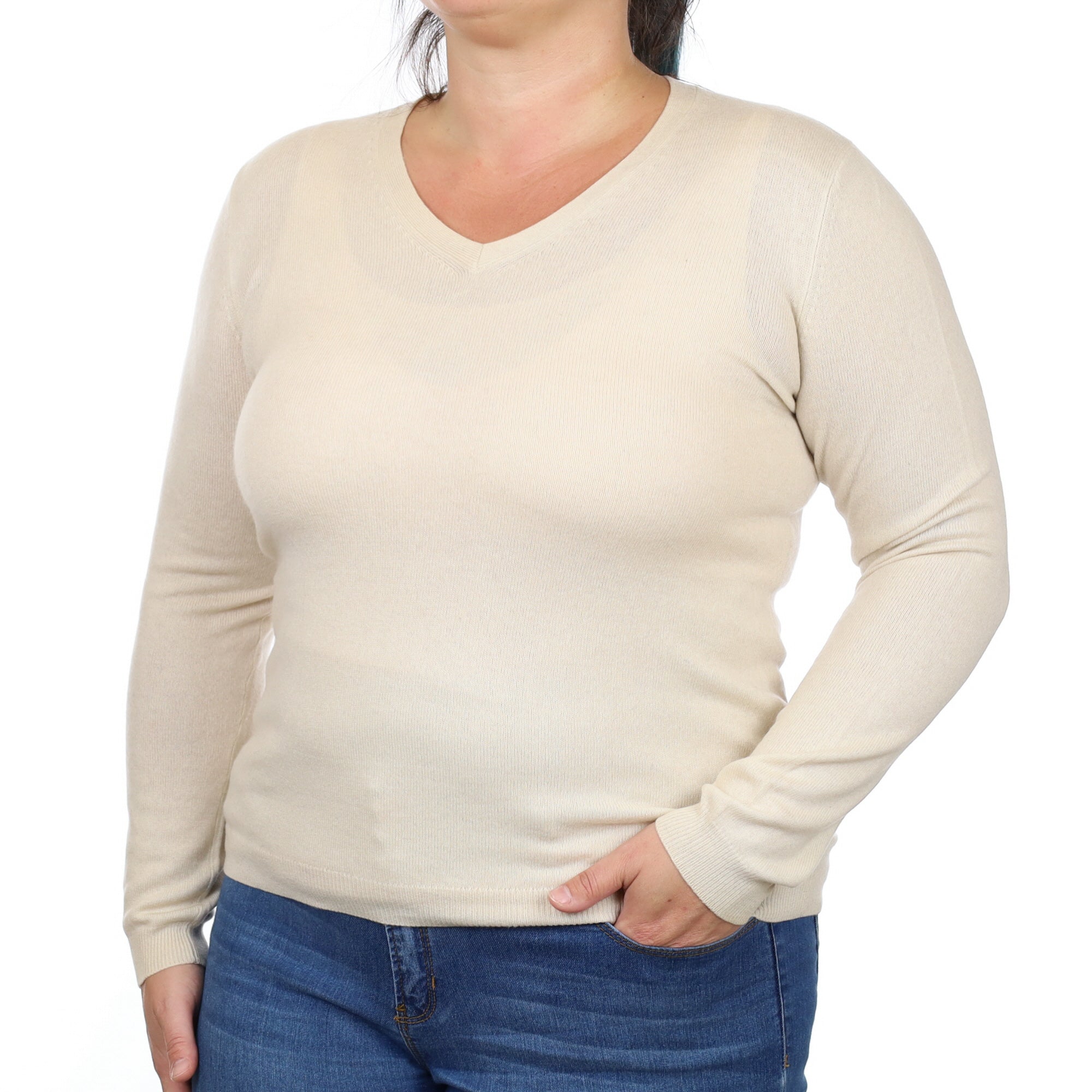 Vanilla Cream Cashmere V Neck Jumper Large