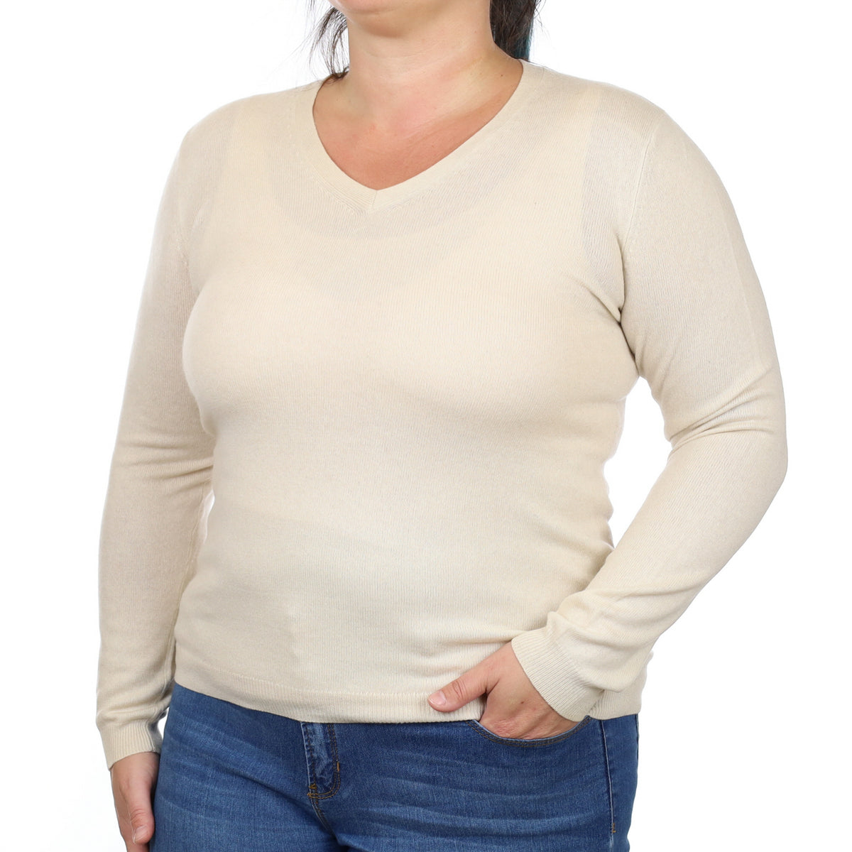 Vanilla Cream Cashmere V Neck Jumper Large