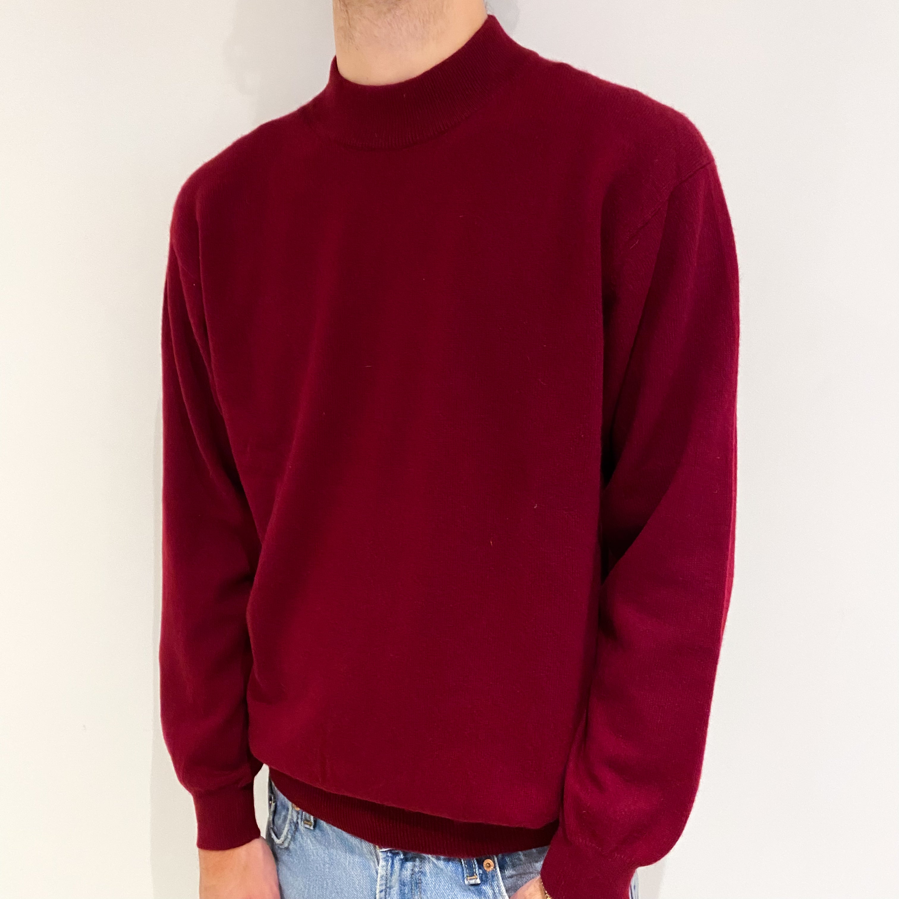Men's Burgundy Red Cashmere Turtle Neck Jumper Large