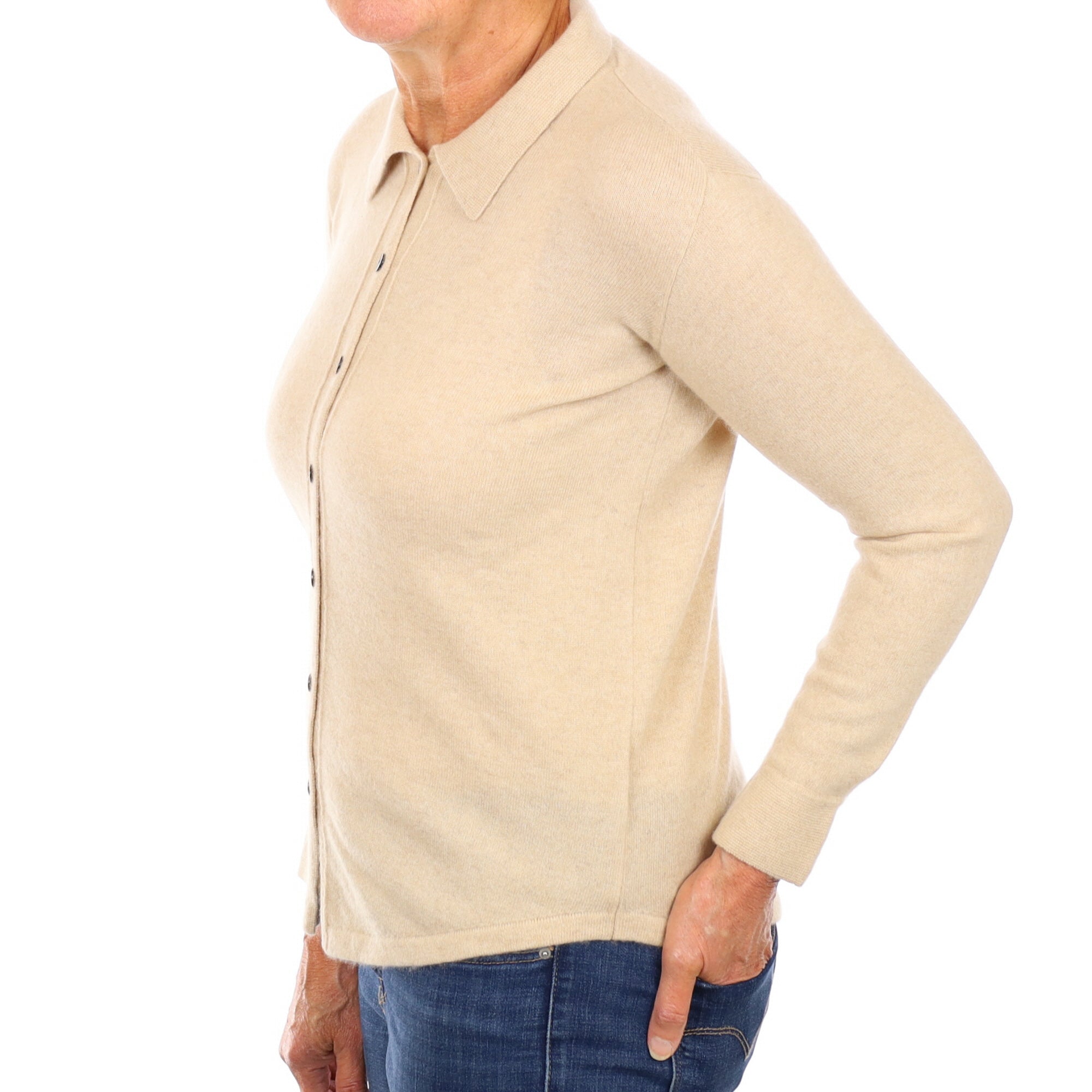 Sand Beige Cashmere Crew Neck Cardigan Medium