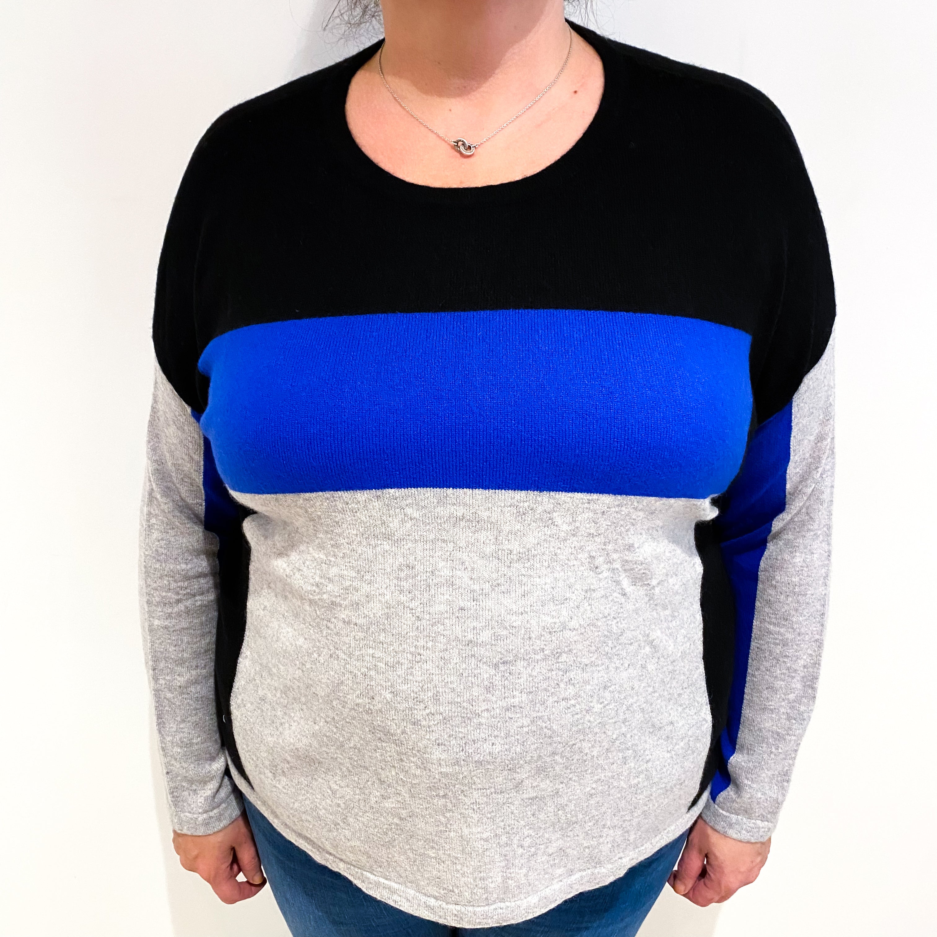 Blue Colour Block Cashmere Crew Neck Jumper Extra Large