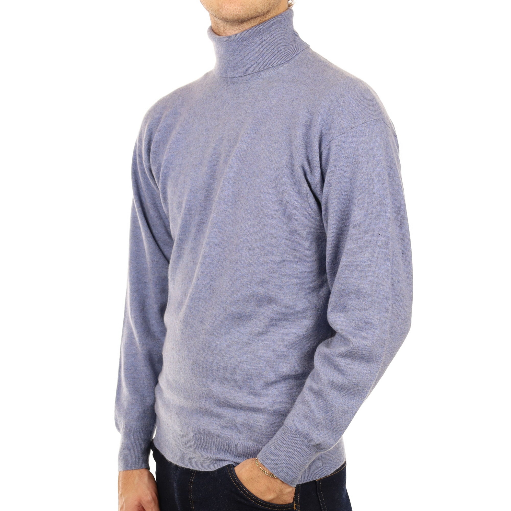 Men's Light Denim Blue Cashmere Polo Neck Jumper Medium
