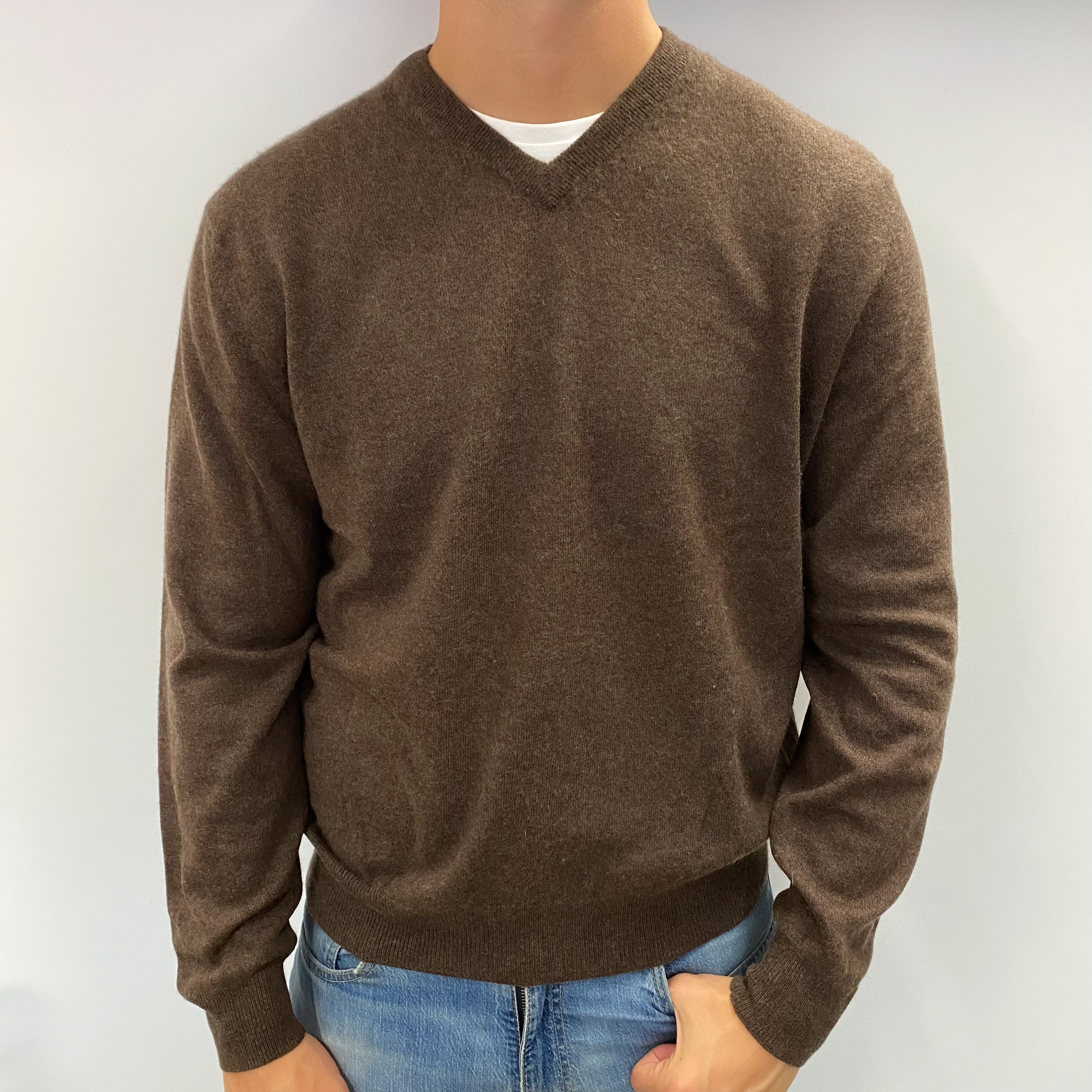 Men's Donkey Brown Cashmere V Neck Jumper XXL