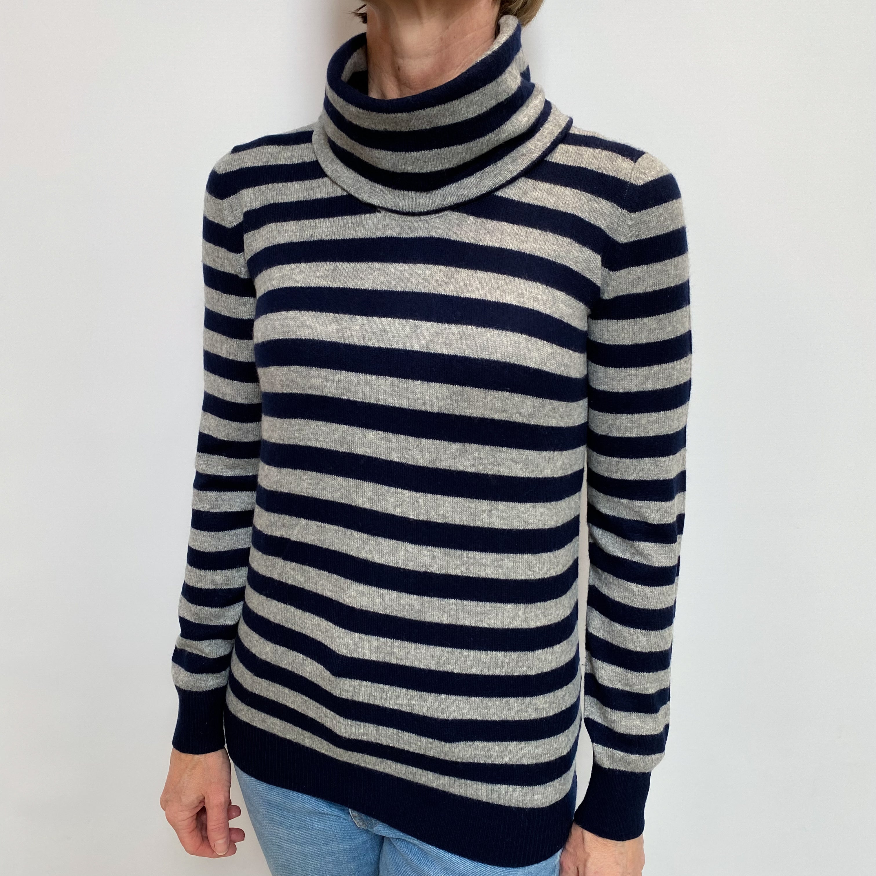 Navy Grey Stripe Cashmere Polo Neck Jumper Small