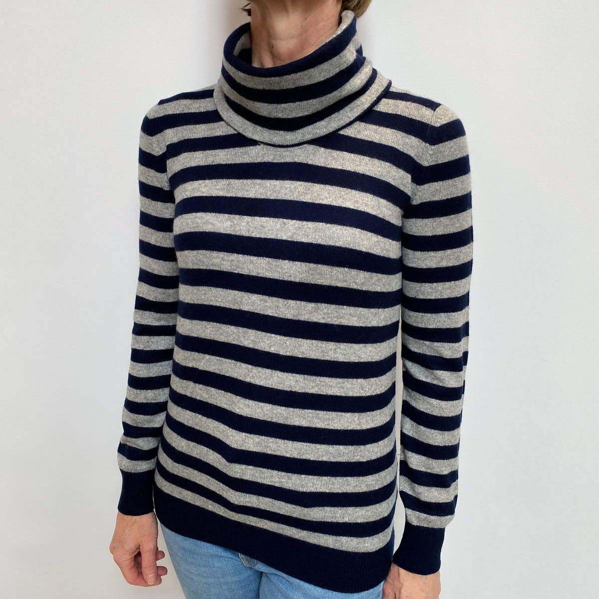 Navy Grey Stripe Cashmere Polo Neck Jumper Small