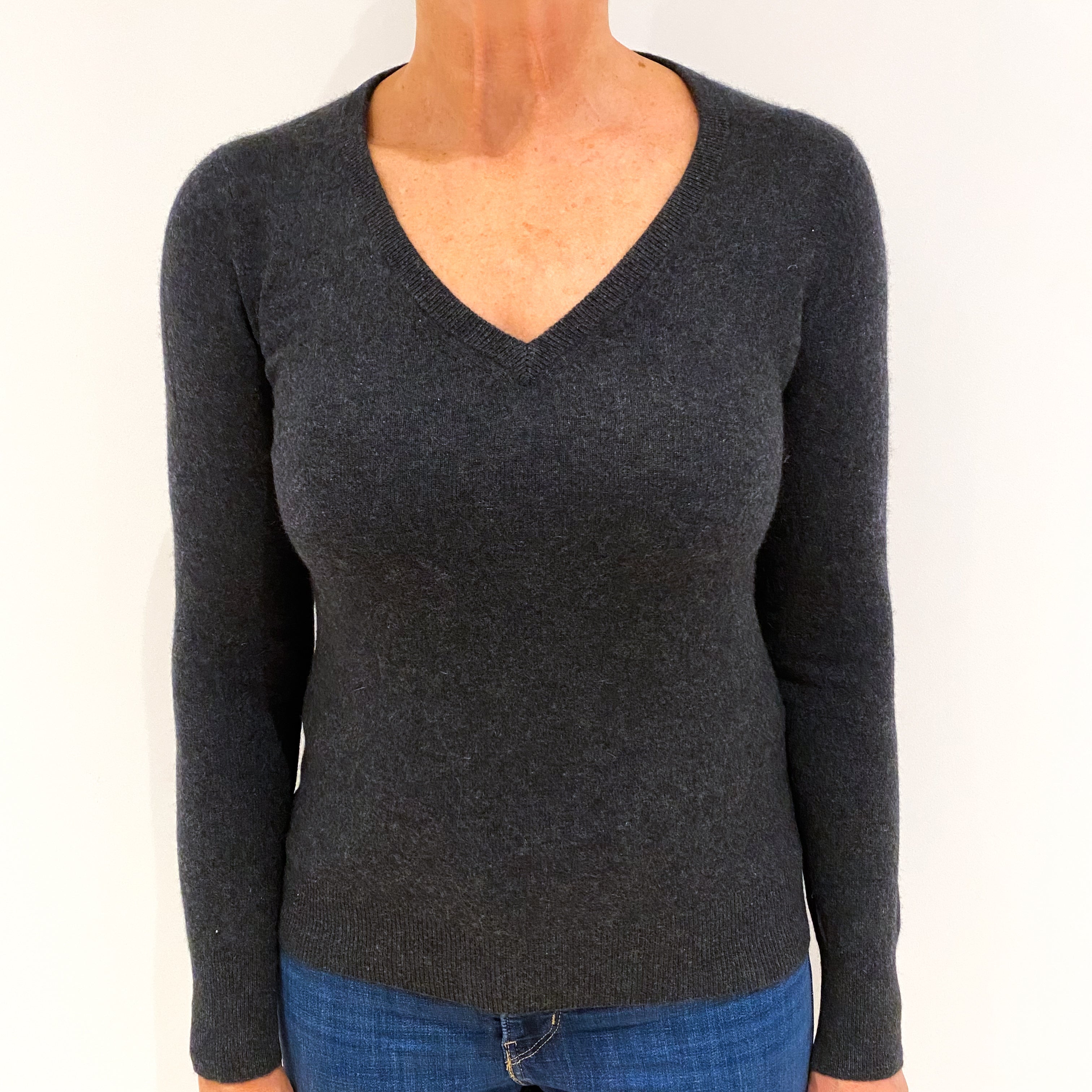 Charcoal Grey Cashmere V-Neck Jumper Medium