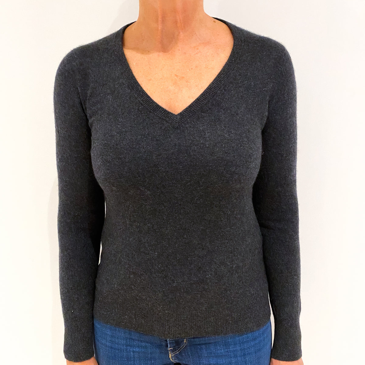 Charcoal Grey Cashmere V-Neck Jumper Medium