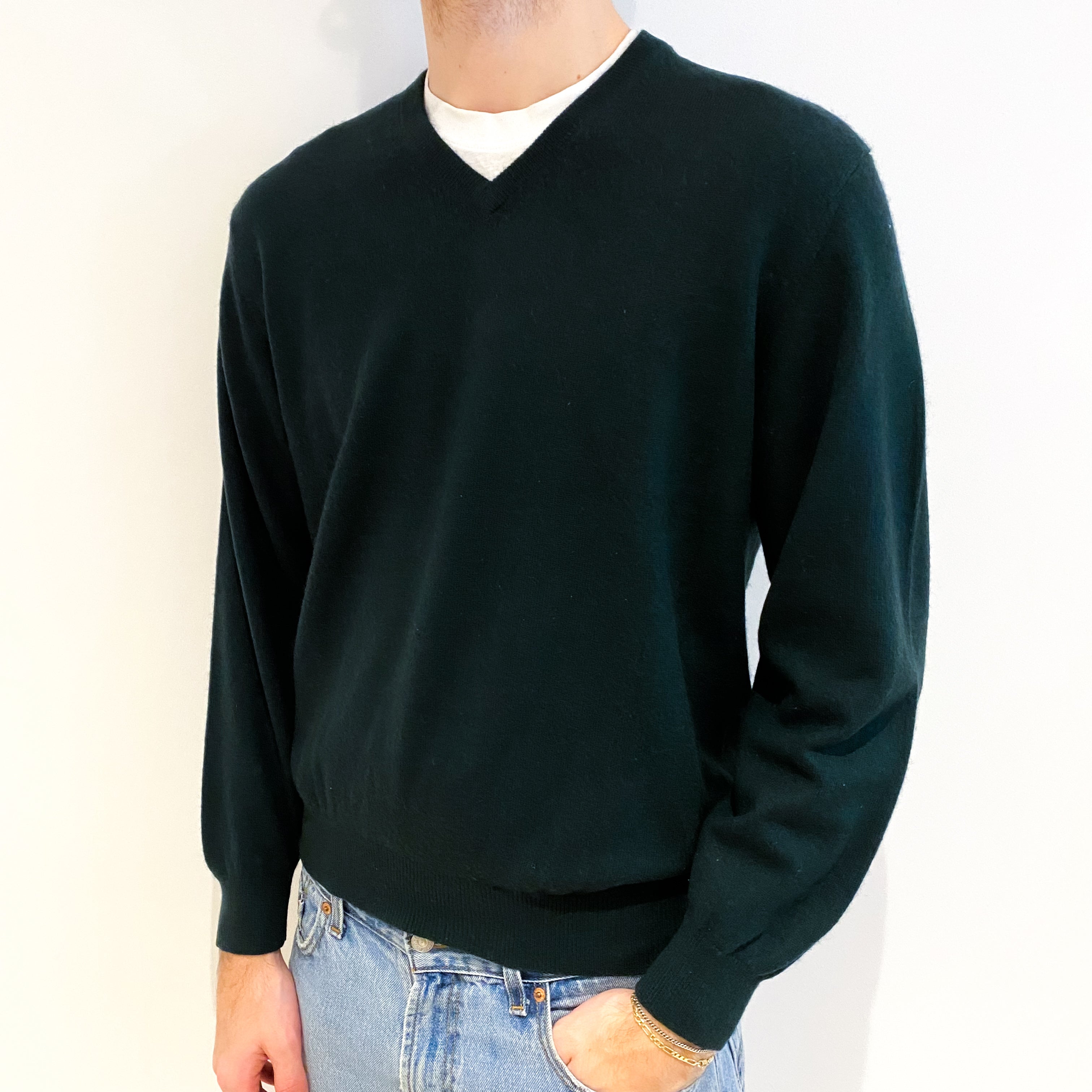 Men's Bottle Green Cashmere V Neck Jumper Large