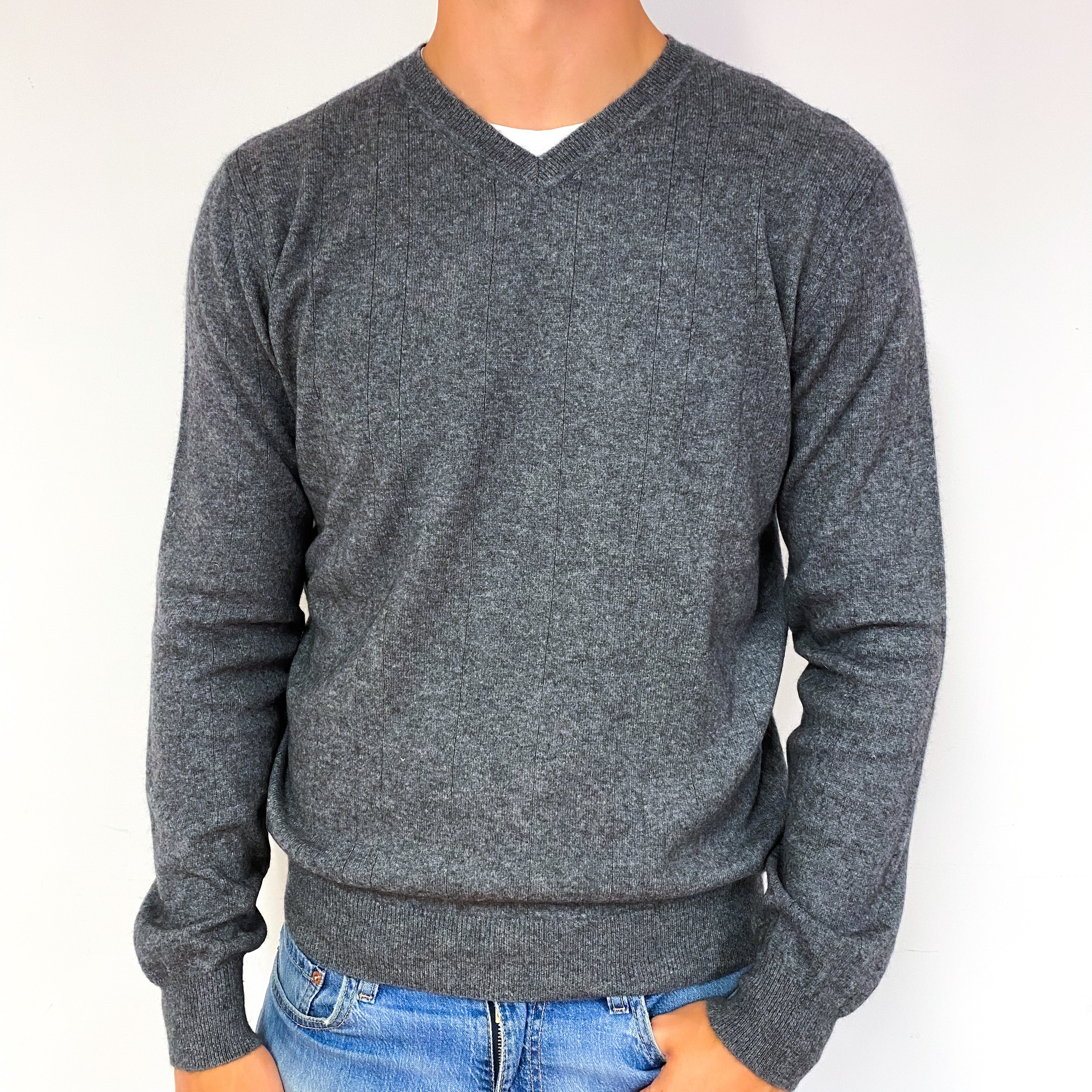 Men's Slate Grey Stripe Cashmere V-Neck Jumper Extra Large