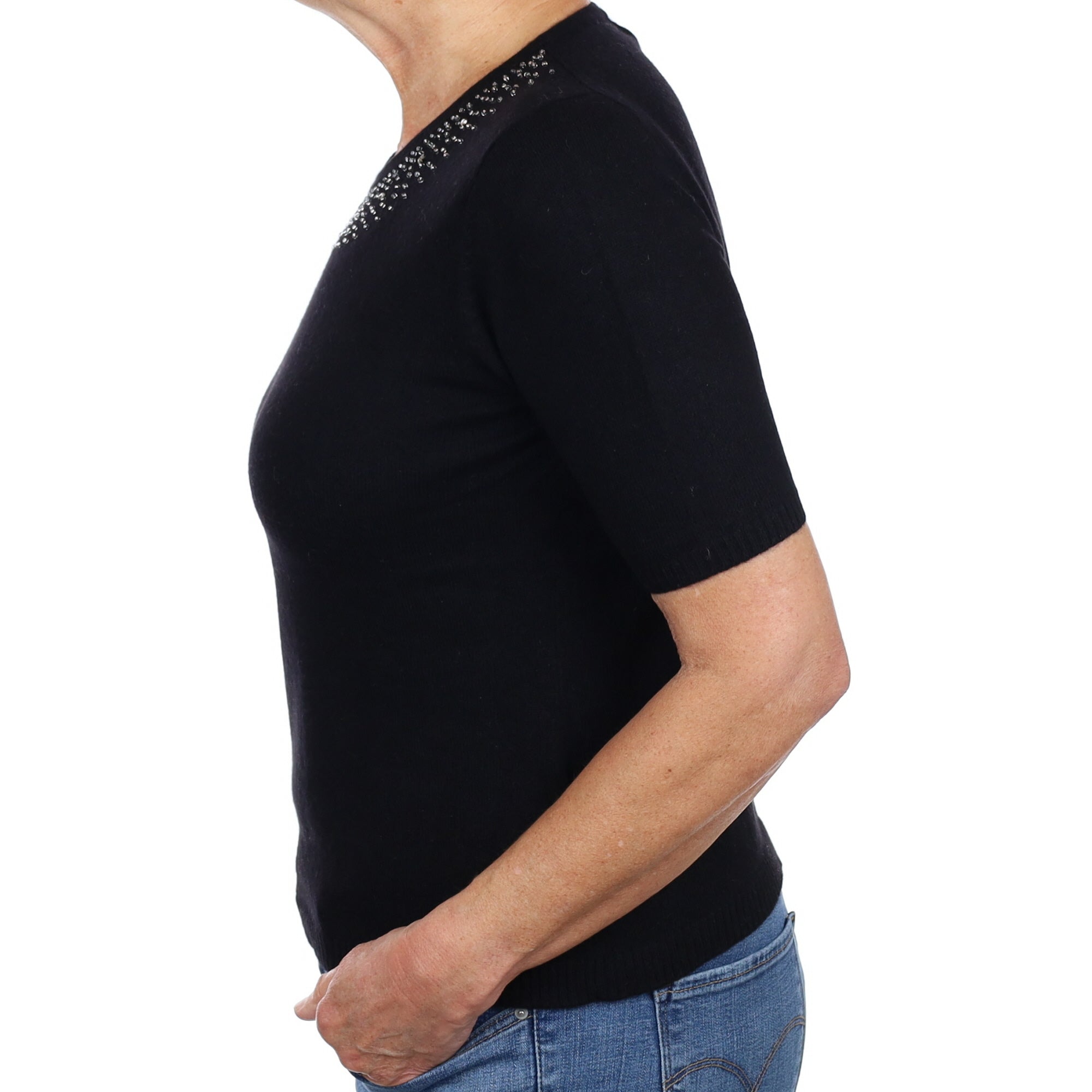 Black Embellished Cashmere Short Sleeve Crew Neck Jumper Medium