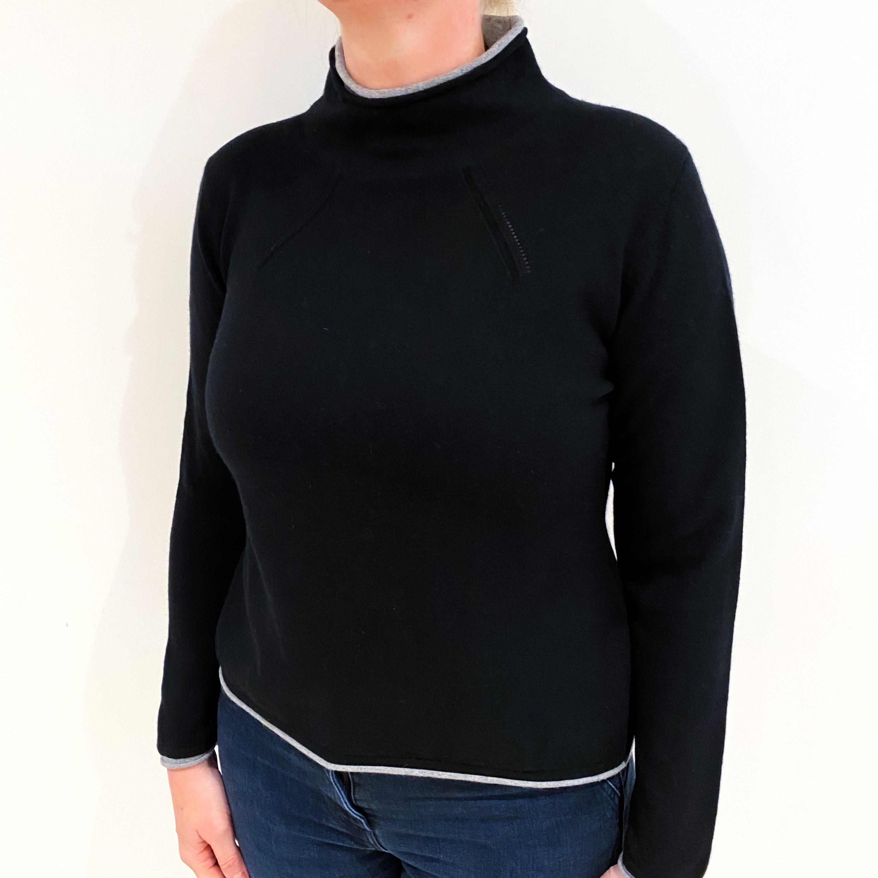 Black Grey Trim Cashmere Funnel Neck Jumper Large