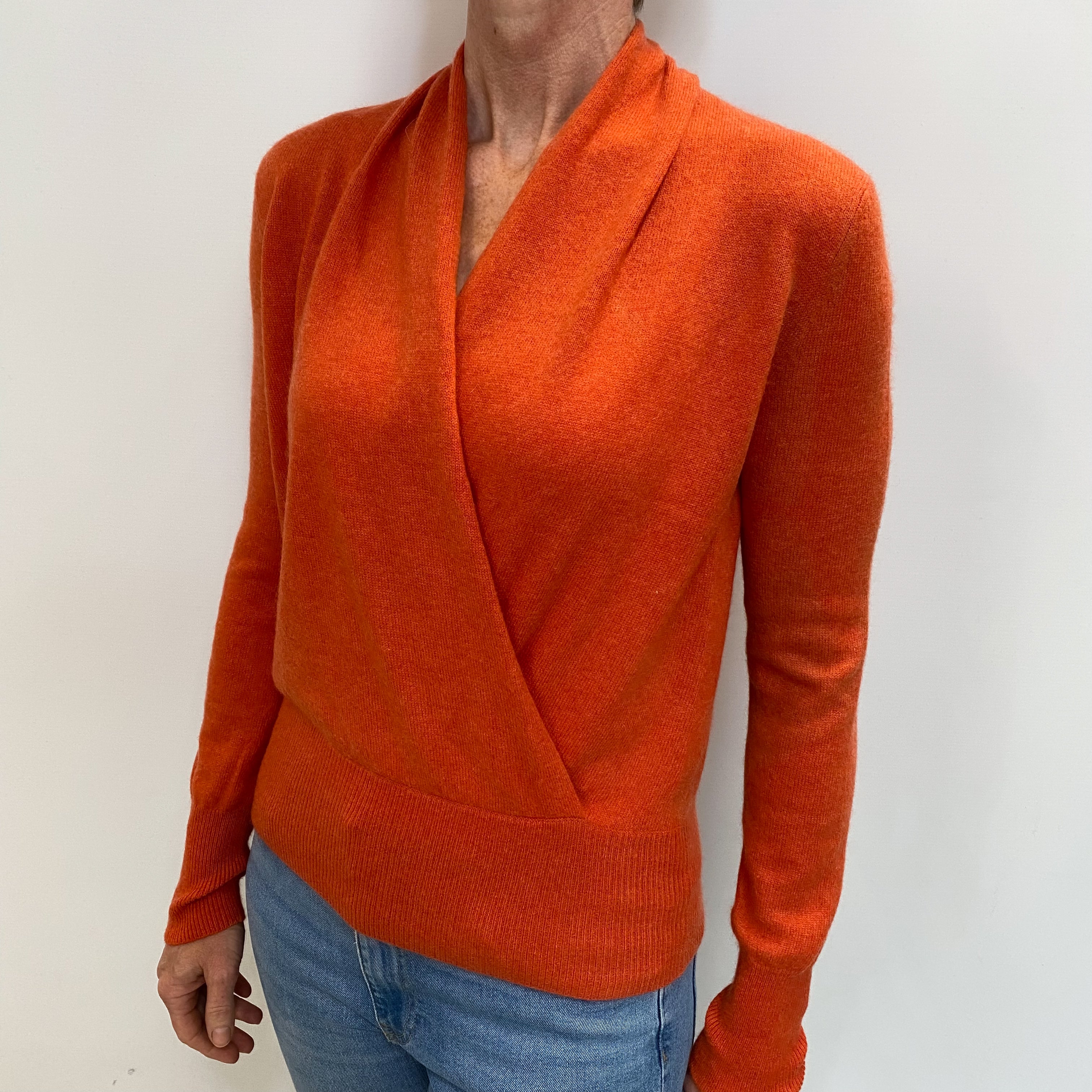 Pumpkin Orange Cashmere Crossover V-Neck Jumper Small