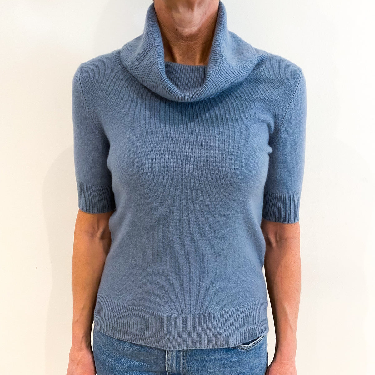 Dusky Blue Cashmere Short Sleeve Cowl Neck Jumper Small