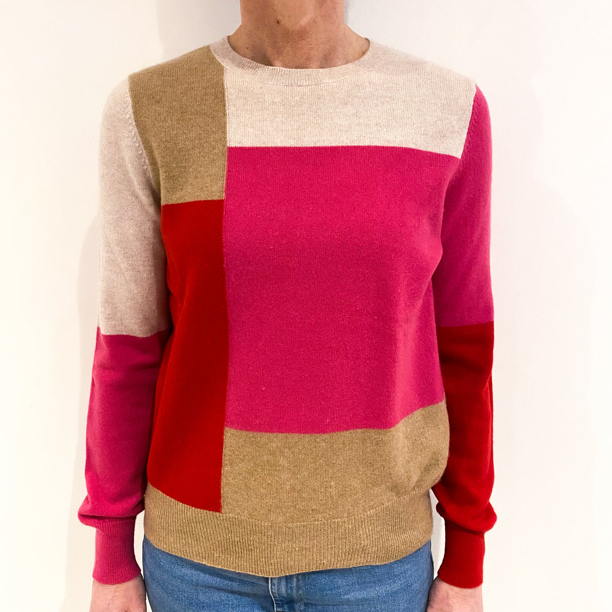 Oatmeal Beige Colour Block Cashmere Crew Neck Jumper Small