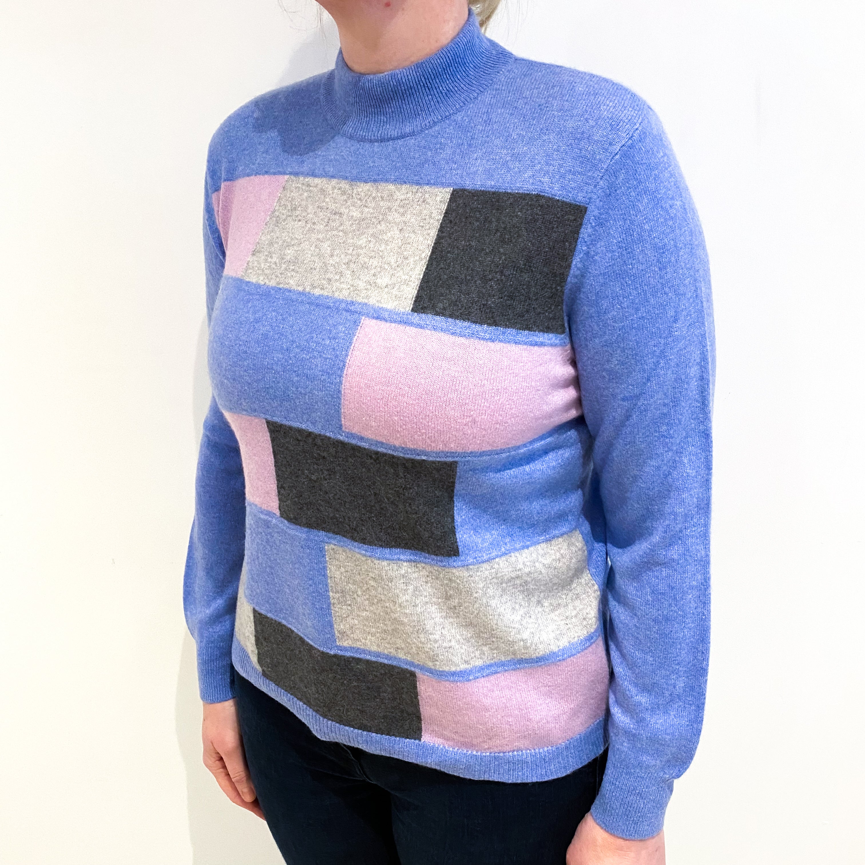 Blue And Lilac Colour Block Cashmere Turtle Neck Jumper Large