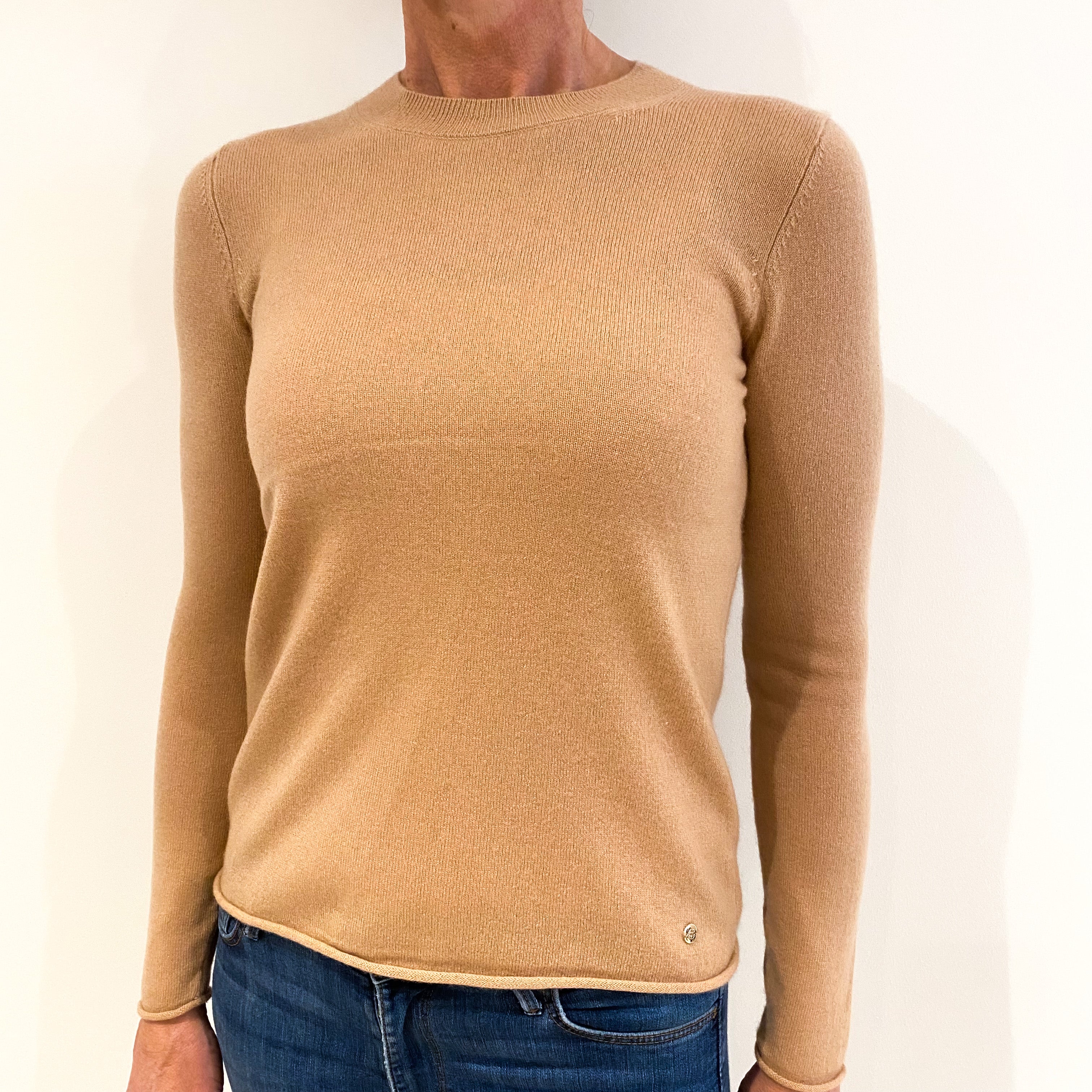 Camel Brown Cashmere Crew Neck Jumper Small