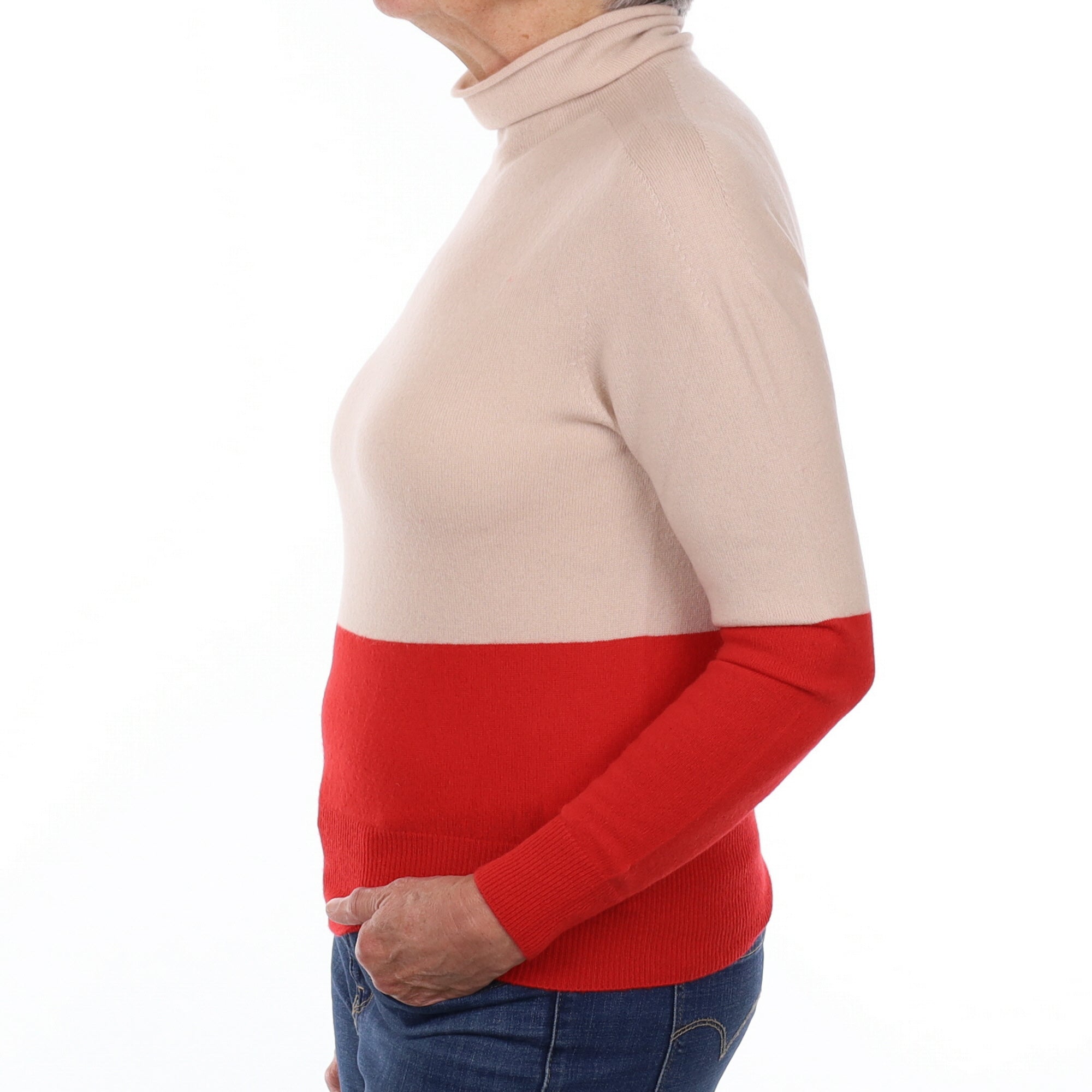 Boss Buff Beige and Red Cashmere Polo Neck Jumper Medium