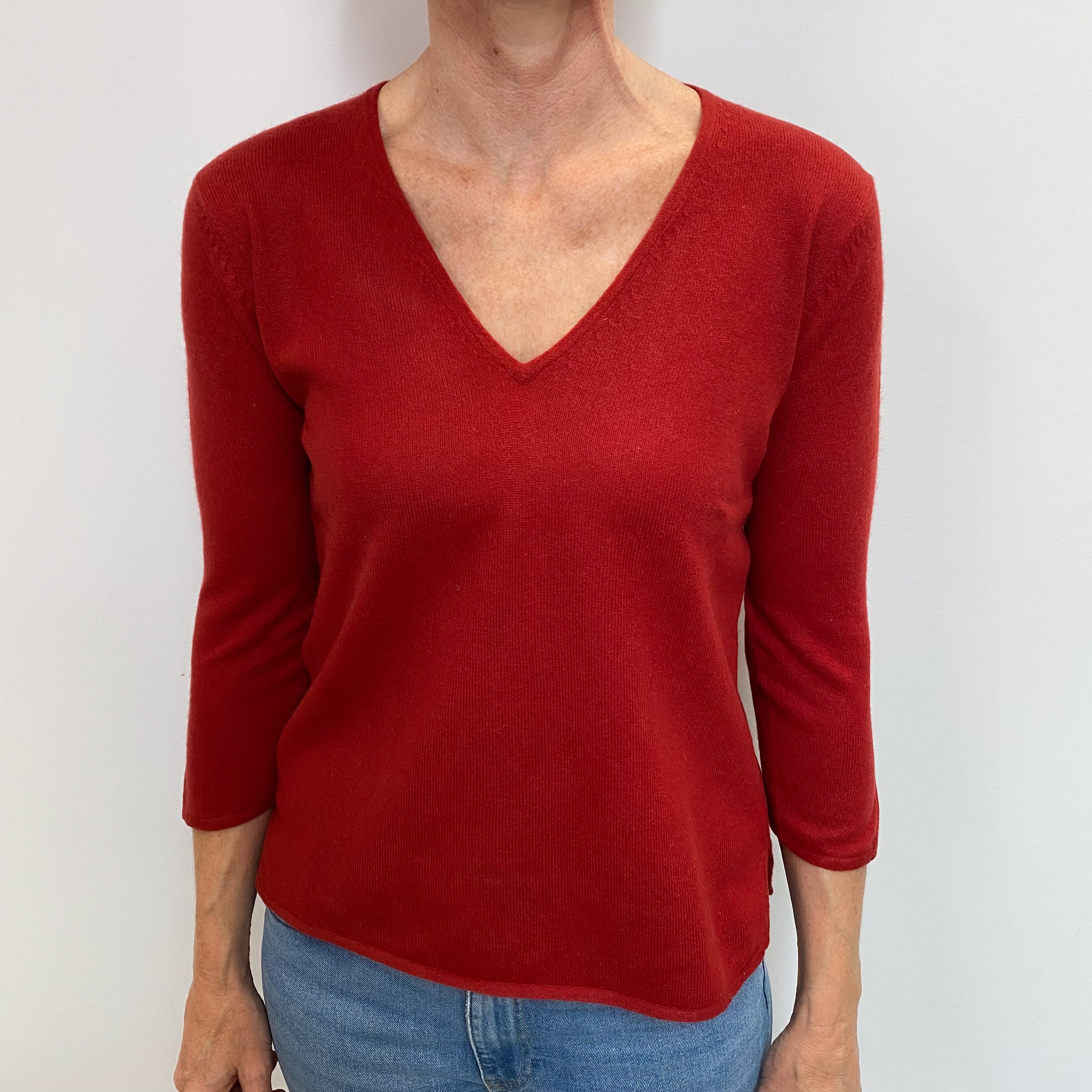 Brick Red Cashmere V Neck Jumper Small