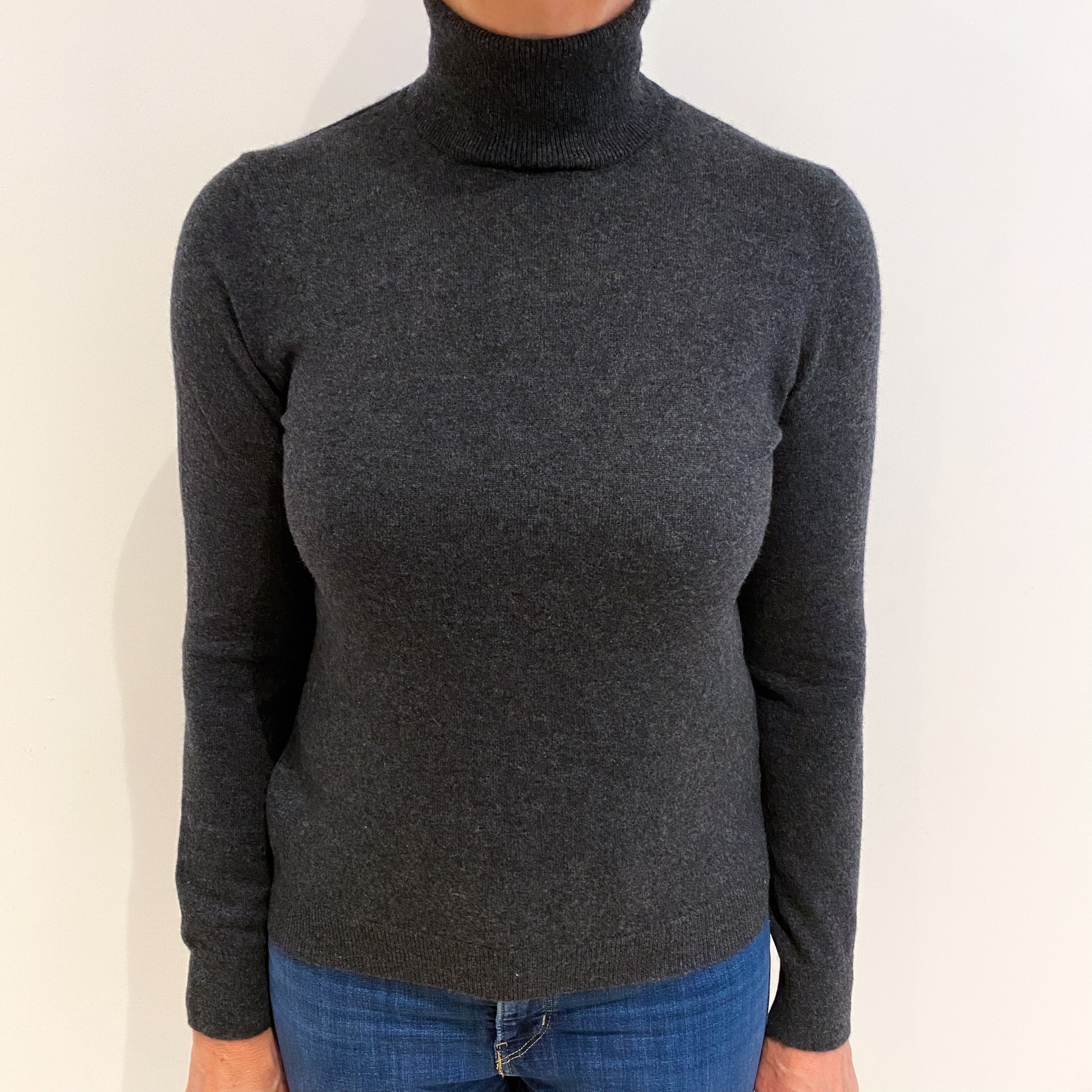 Charcoal Grey Cashmere Polo Neck Jumper Medium