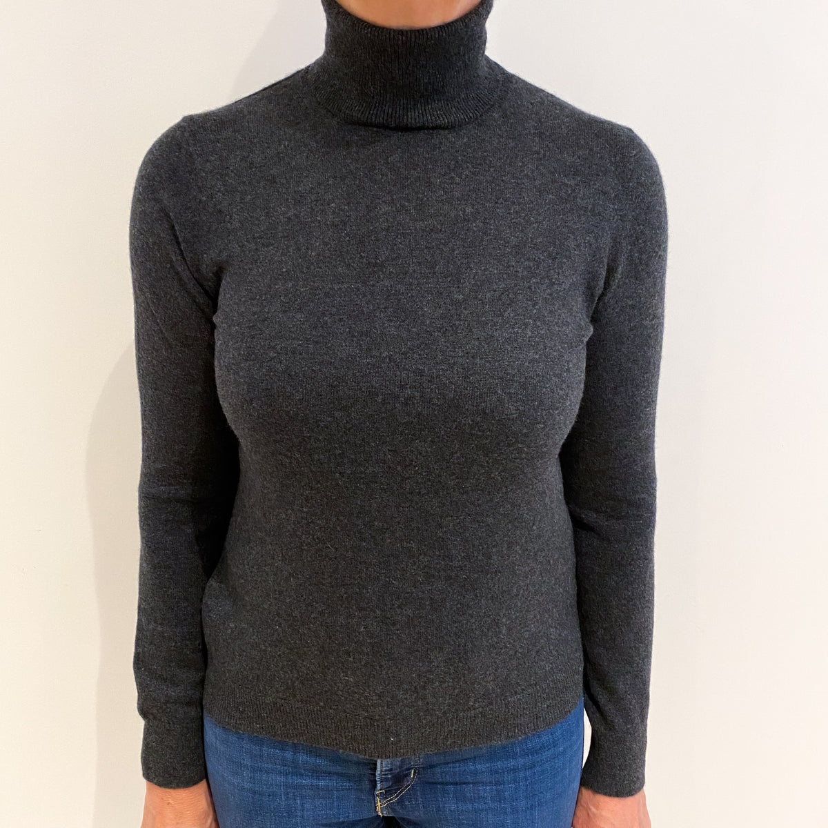 Charcoal Grey Cashmere Polo Neck Jumper Medium