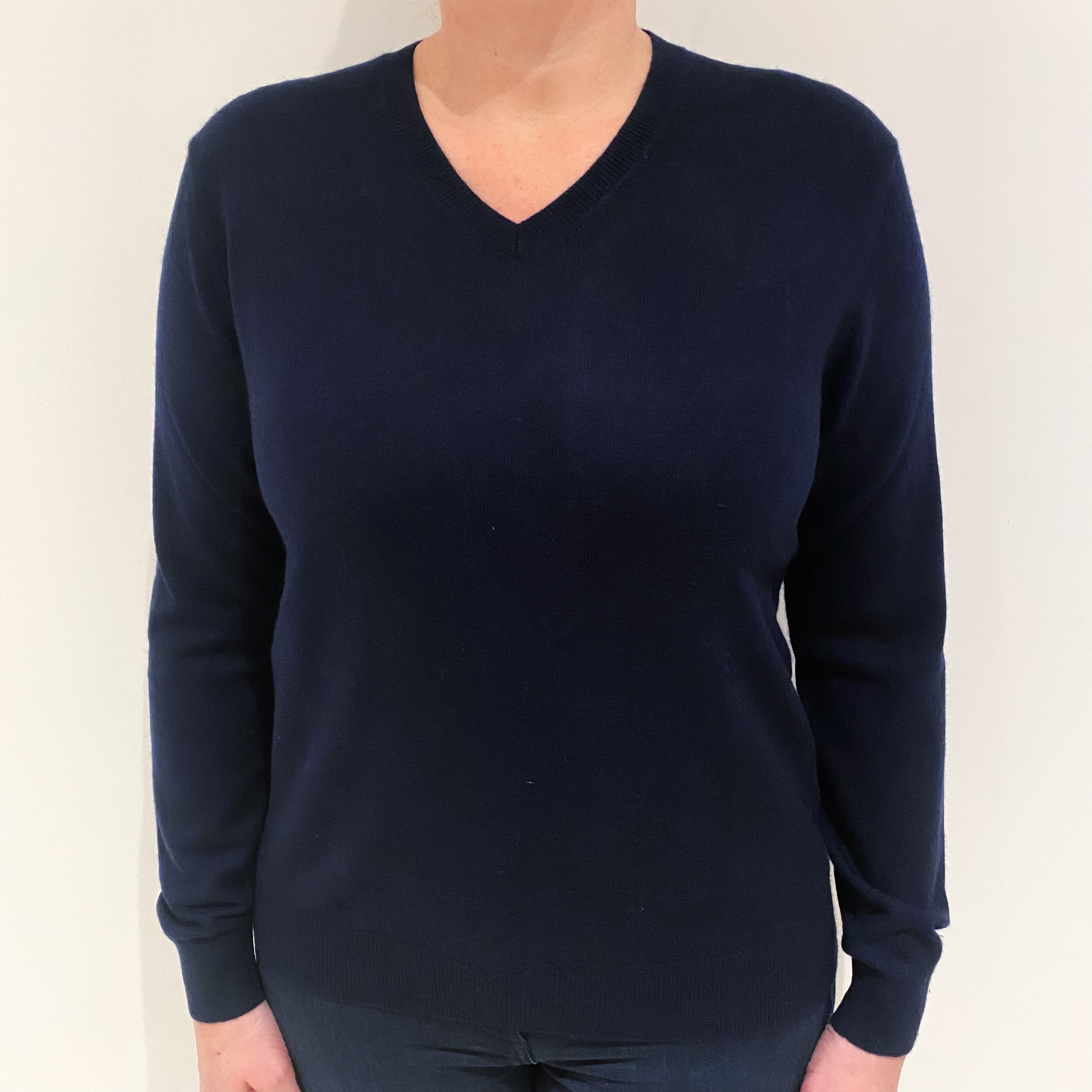 Navy Blue Cashmere V Neck Jumper Large