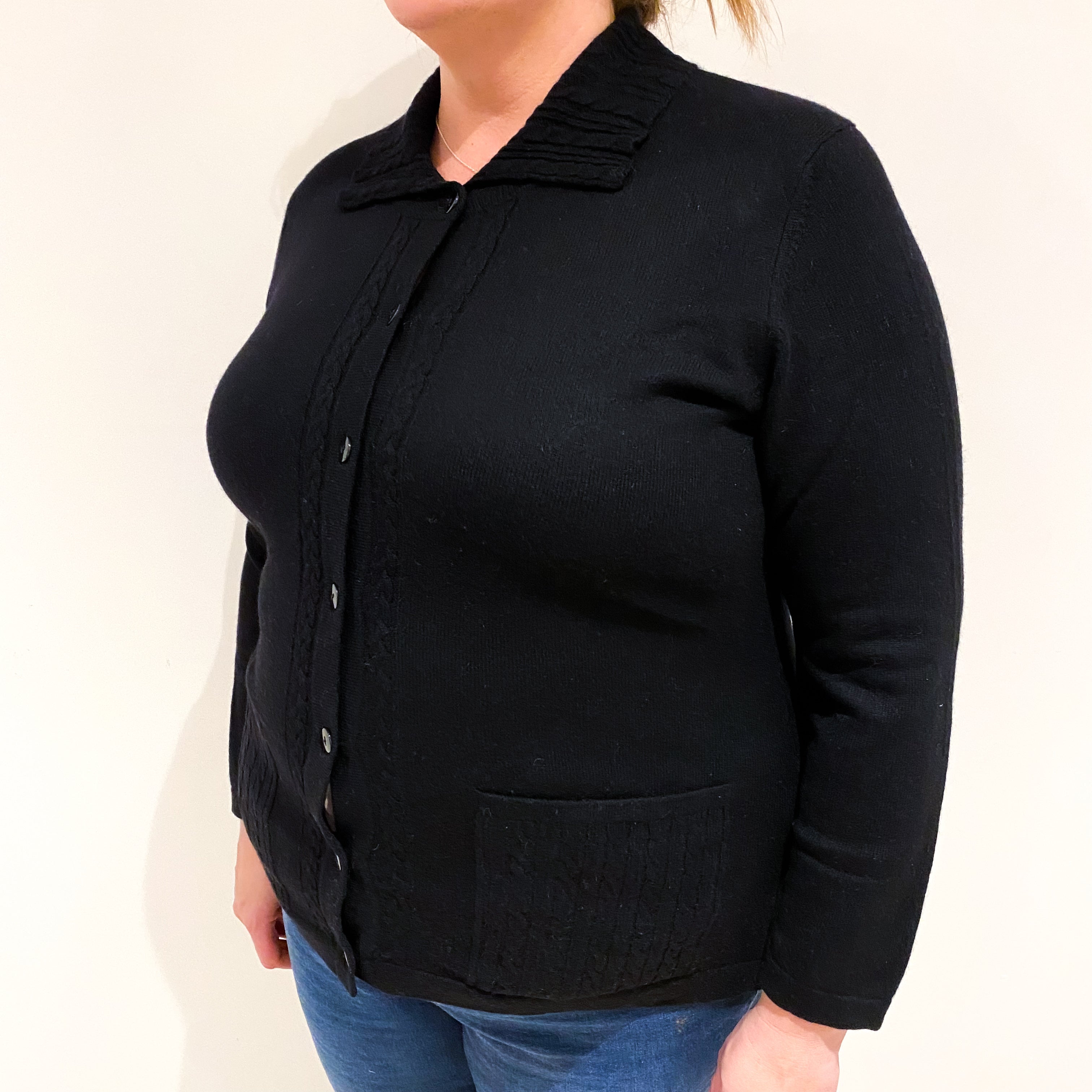 Black Cashmere Collared Cardigan with Pockets Extra Large