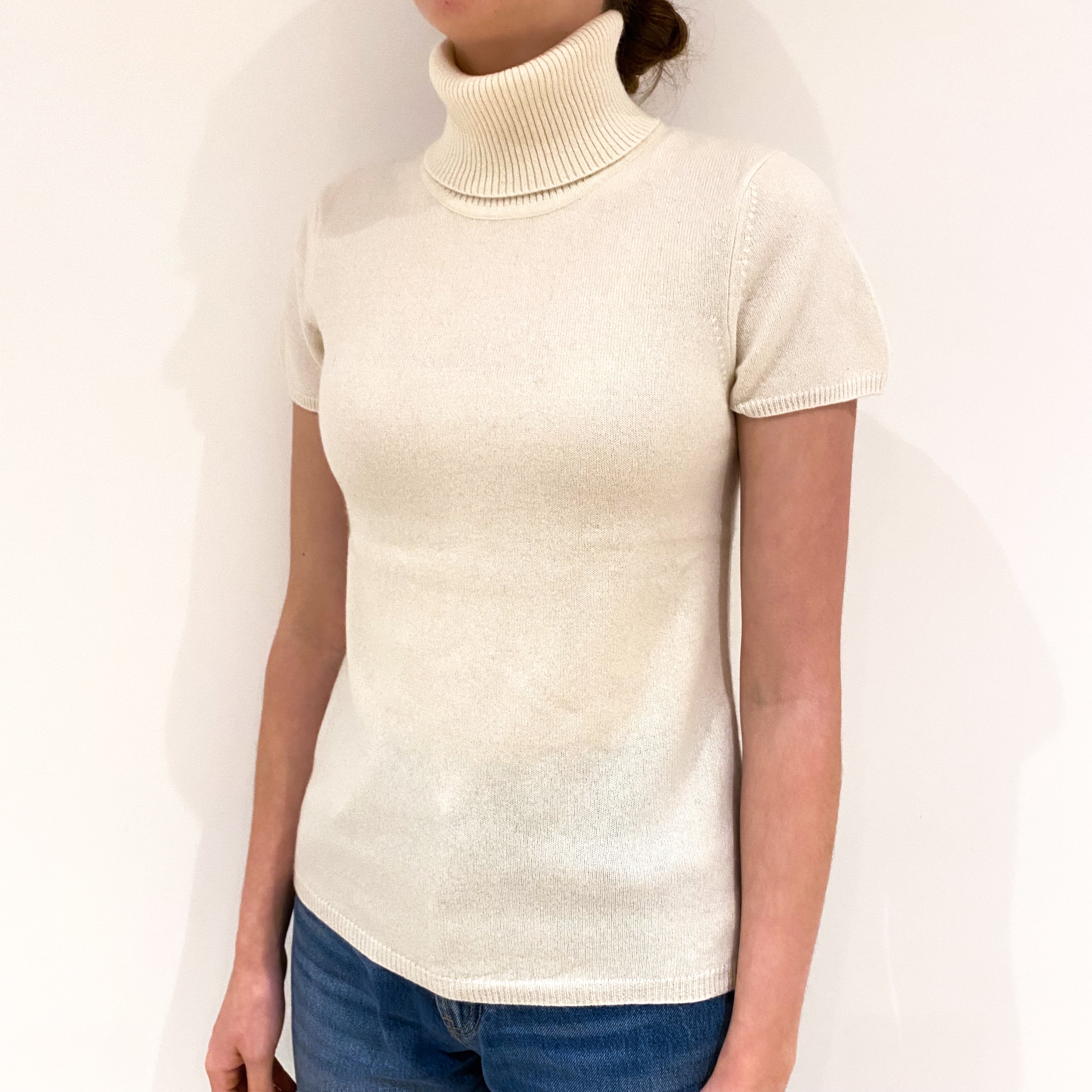 Cream Cashmere Short Sleeve Polo Neck Jumper Extra Small