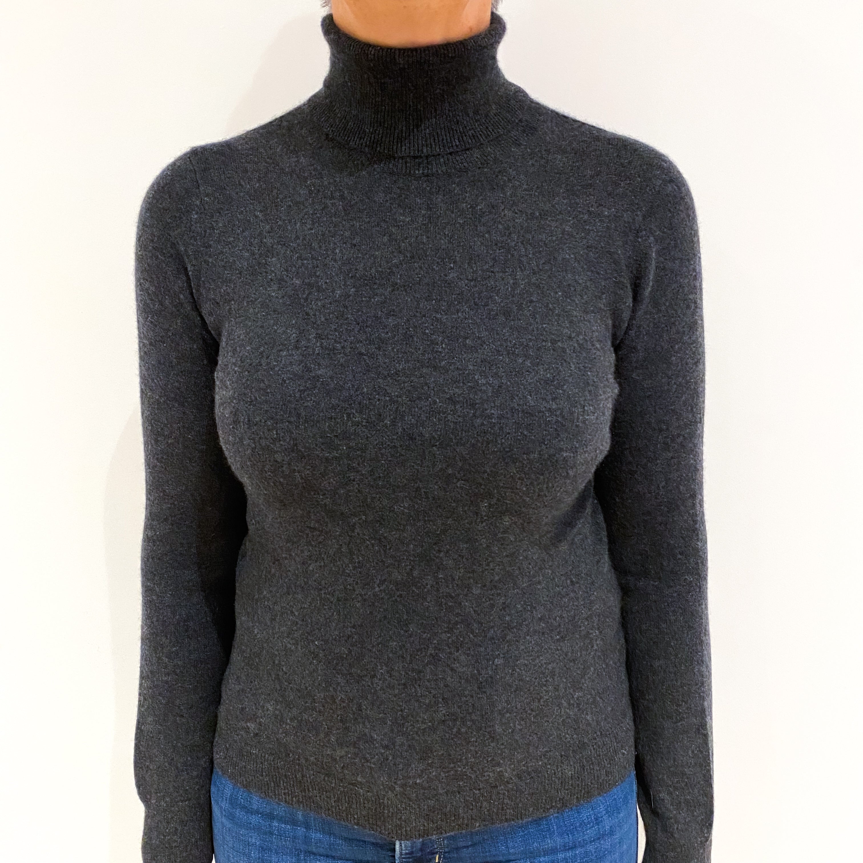 Charcoal Grey Cashmere Polo Neck Jumper Medium