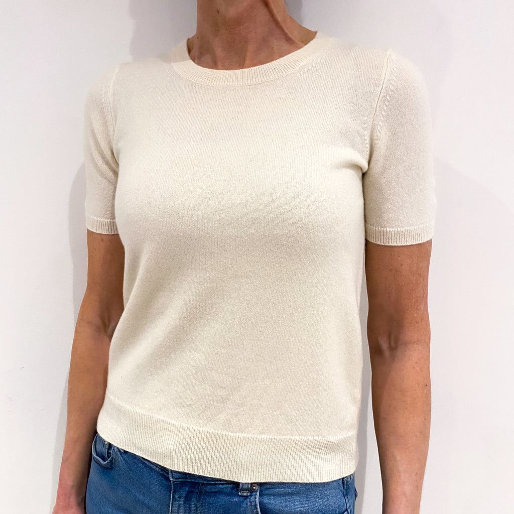 Vanilla Cream Short Sleeved Cashmere Polo Neck Jumper Small
