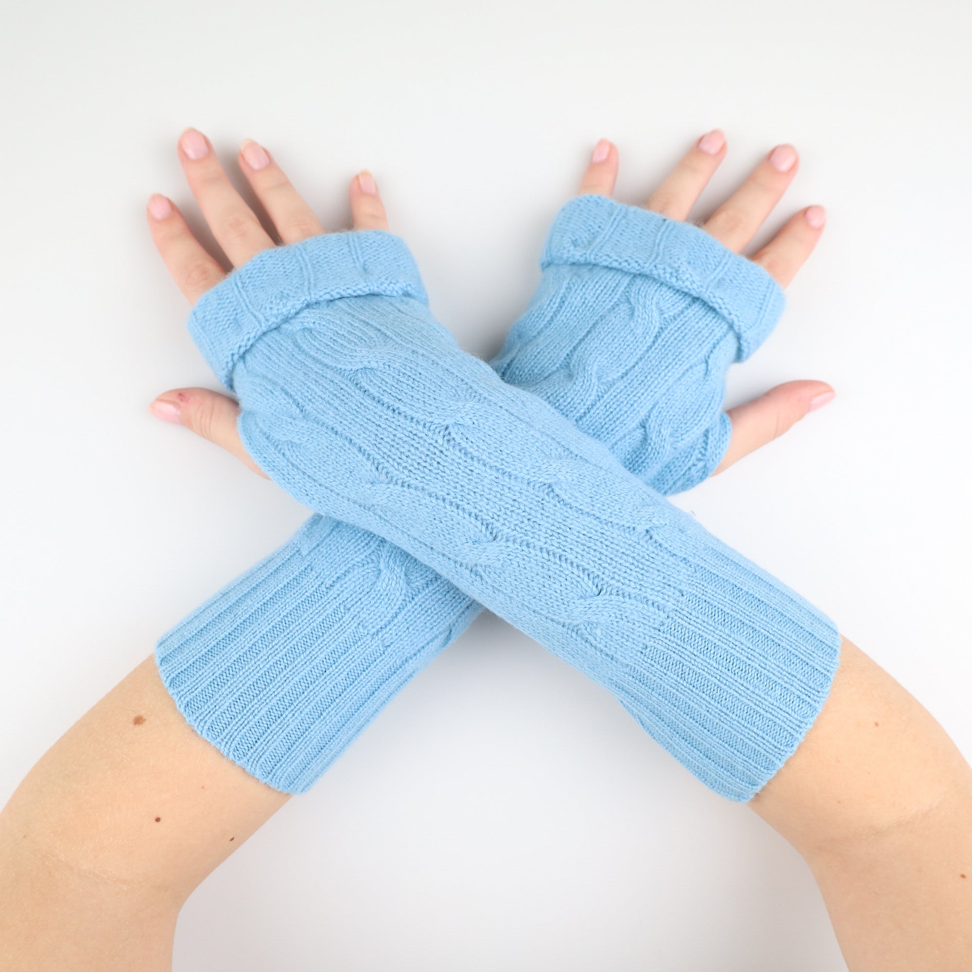Bright Sky Blue Textured Knit Fingerless Gloves