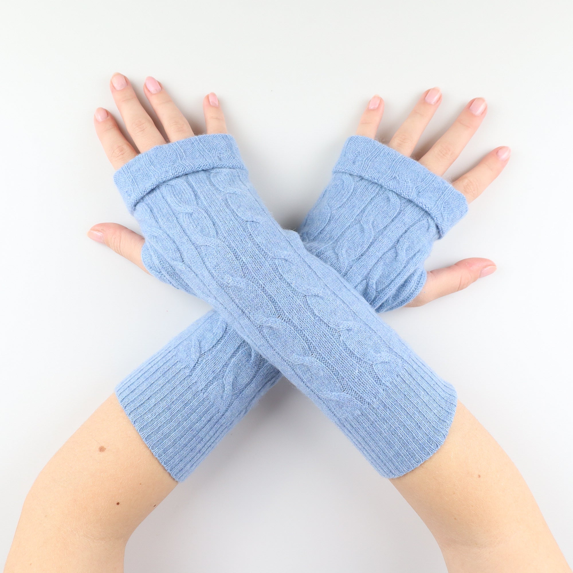 Sky Blue Cable Knit Fingerless Gloves