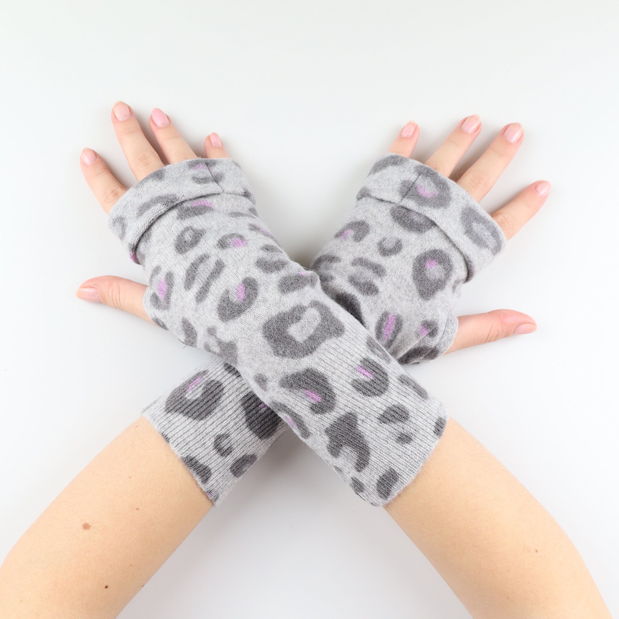 Grey and Purple animal Print Fingerless Gloves